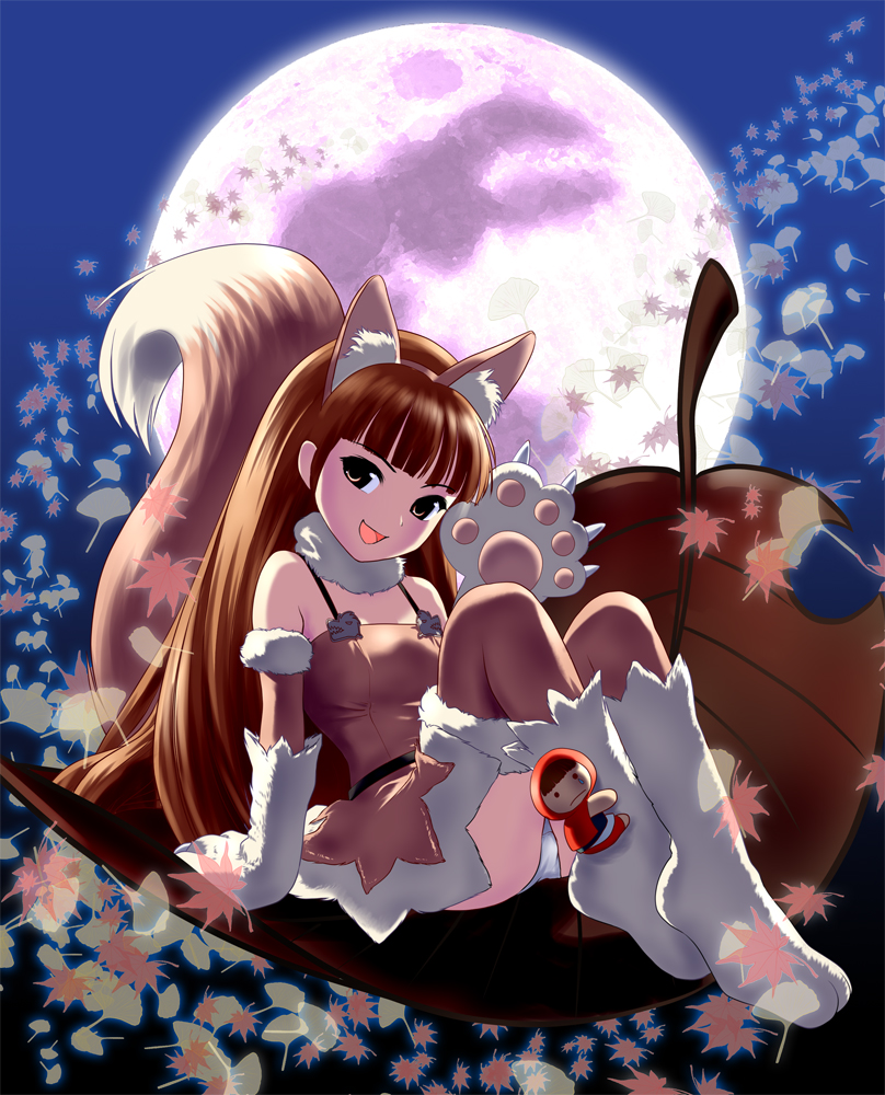 ponnetsu, minase iori, idolmaster, idolmaster (classic), 00s, 1girl, alternate hairstyle, animal ears, blunt bangs, brown eyes, brown hair, female focus, full body, hairband, leaf, maple leaf, moon, outdoors, panties, sitting, sky, solo, tail, thighhighs, underwear, waving, wolf ears