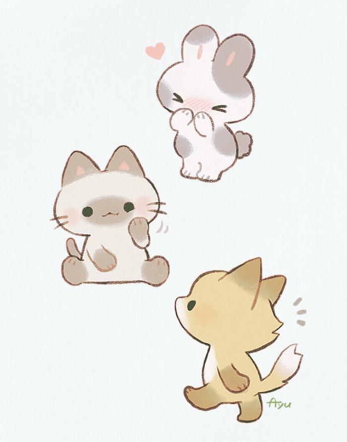 ayu (mog), original, commentary, commentary request, english commentary, mixed-language commentary, > <, :3, animal, animal focus, artist name, blush, cat, closed mouth, fox, heart, no humans, nose blush, notice lines, rabbit, romaji commentary, simple background, solid circle eyes, white background