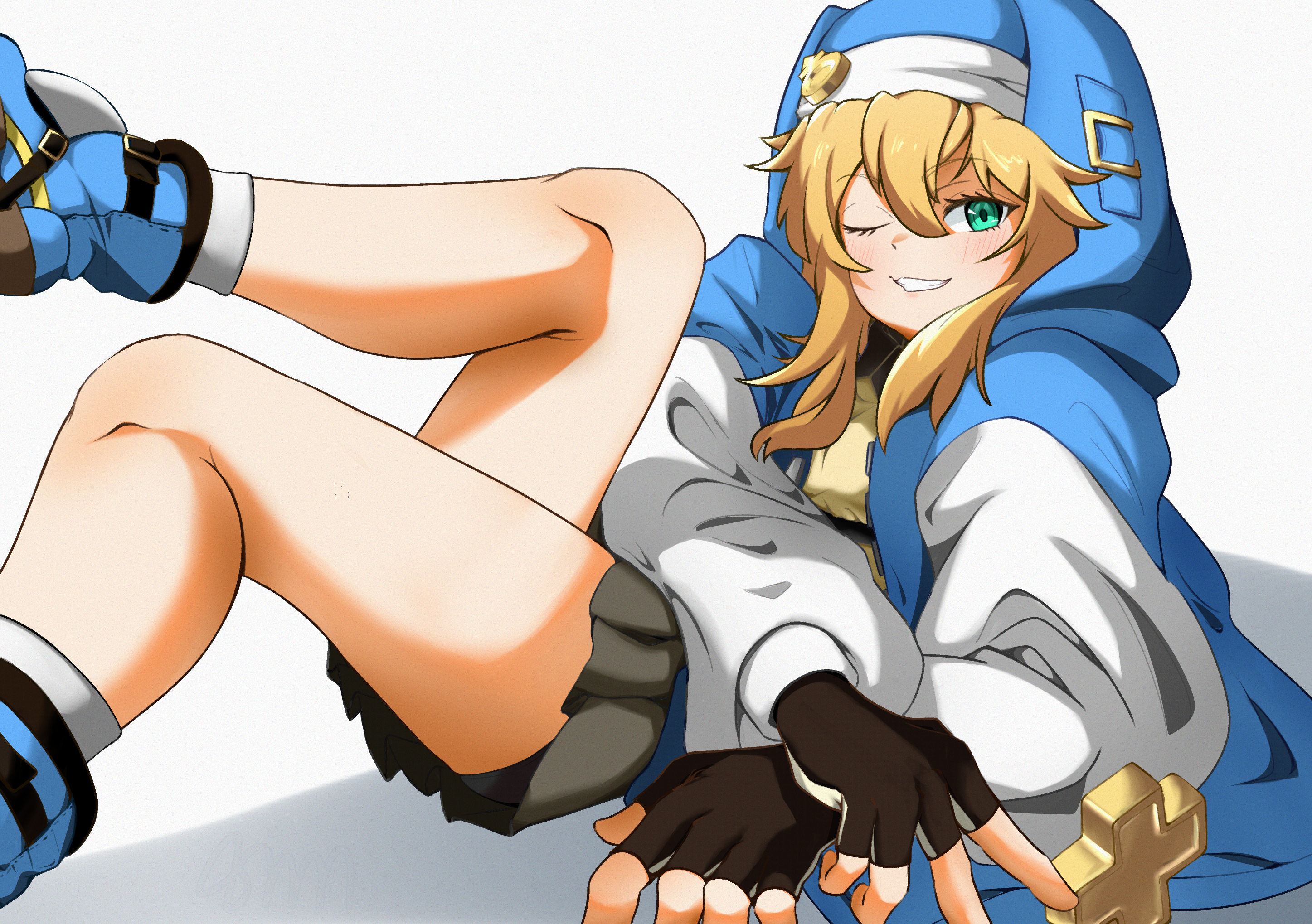 abi ervin, bridget (guilty gear), guilty gear, guilty gear strive, commentary, highres, 1boy, ;), bare legs, black gloves, black skirt, blonde hair, blue boots, blue jacket, boots, fingerless gloves, gloves, green eyes, grin, hair between eyes, hood, hood up, hooded jacket, jacket, long hair, long sleeves, looking at viewer, male focus, miniskirt, one eye closed, pleated skirt, puffy long sleeves, puffy sleeves, simple background, skirt, smile, socks, solo, trap, white background, white socks