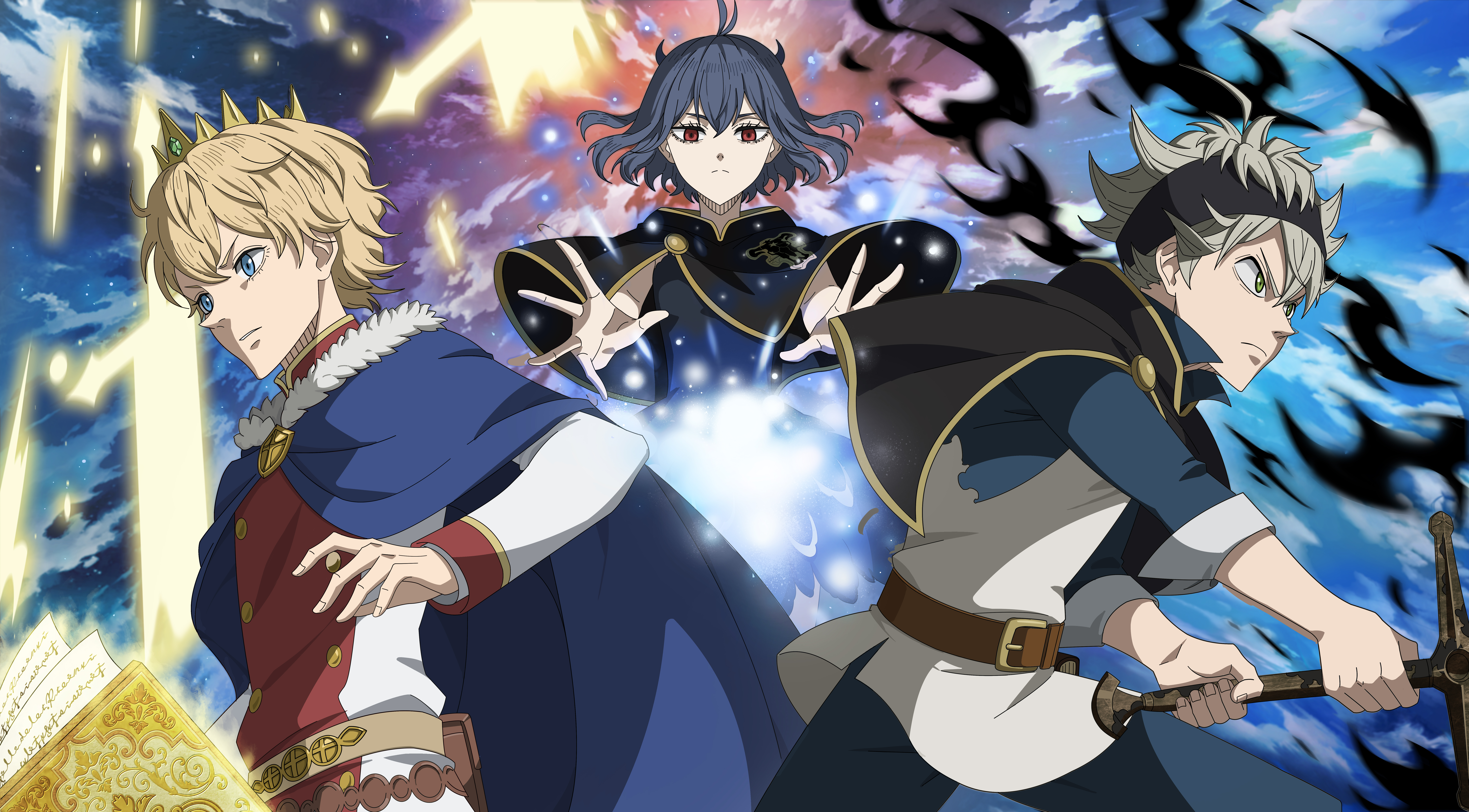 asta (black clover), lumiere silvamillion clover, secre swallowtail, black clover, black clover m: rise of the wizard king, absurdres, highres, incredibly absurdres, non-web source, official art, 1girl, 2boys, belt, black capelet, black hair, blonde hair, blue cape, blue eyes, book, brown belt, cape, capelet, crown, green eyes, grimoire, holding, holding sword, holding weapon, looking at viewer, multiple boys, open book, red eyes, red shirt, shirt, short hair, sword, two-tone shirt, weapon, white shirt