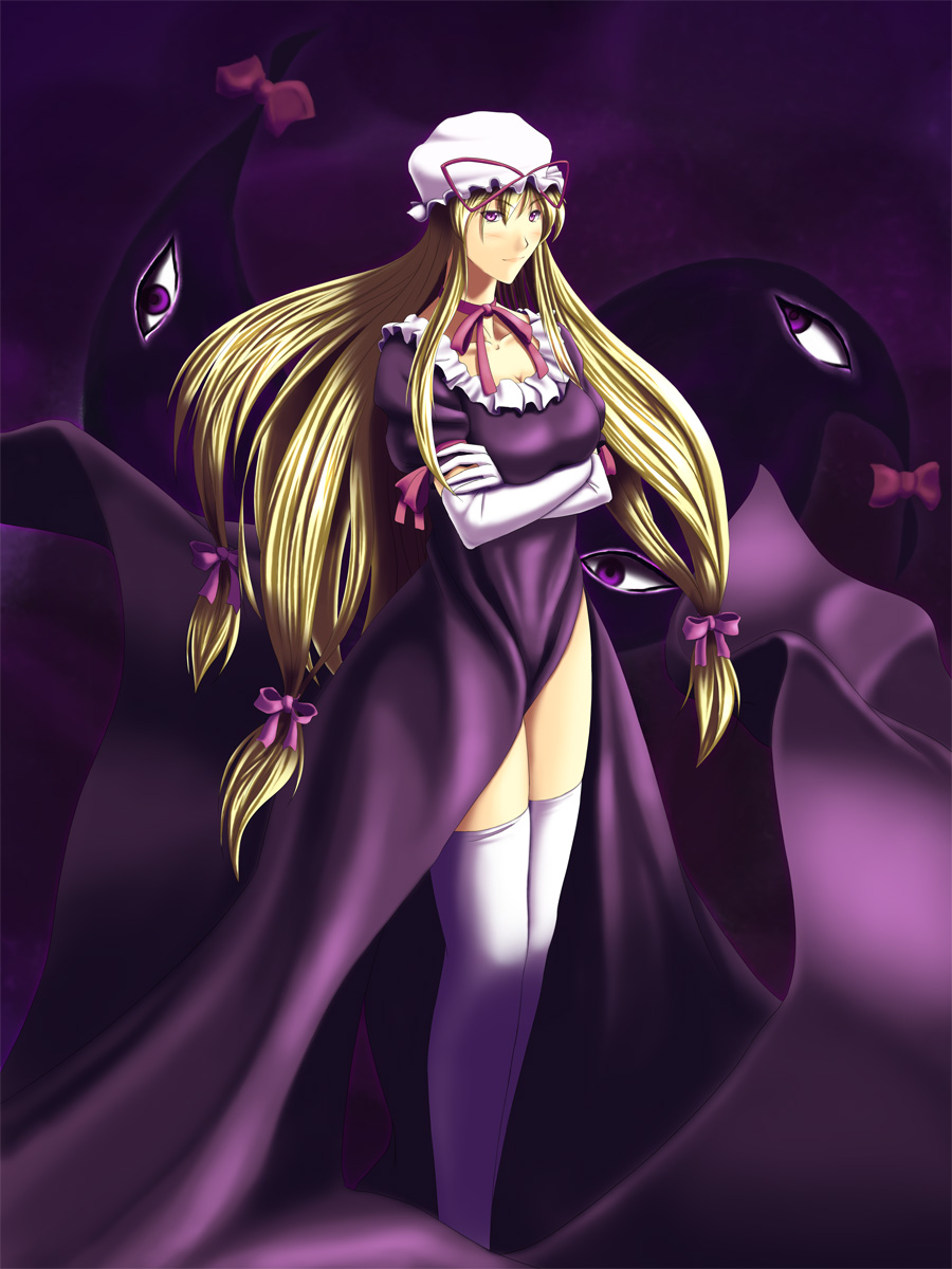 higasa (tamago-kake-gohan), tamago kake gohan, yakumo yukari, touhou, bad id, bad pixiv id, highres, 1girl, blonde hair, blush, bow, crossed arms, elbow gloves, female focus, gloves, hair bow, hat, multiple hair bows, purple eyes, ribbon, solo, thighhighs