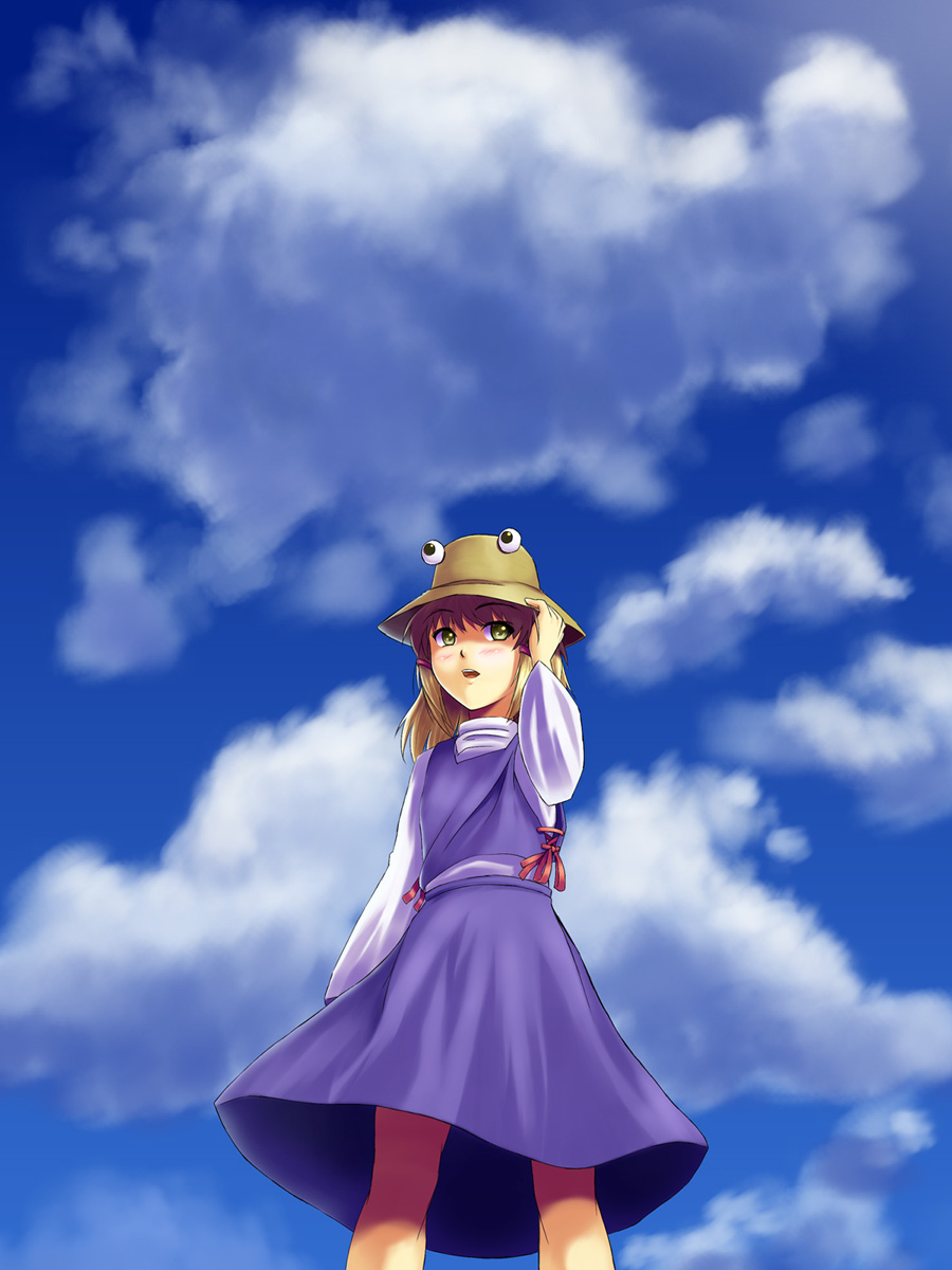 higasa (tamago-kake-gohan), tamago kake gohan, moriya suwako, touhou, bad id, bad pixiv id, highres, 1girl, blonde hair, blush, cloud, day, female focus, hat, sky, solo, yellow eyes