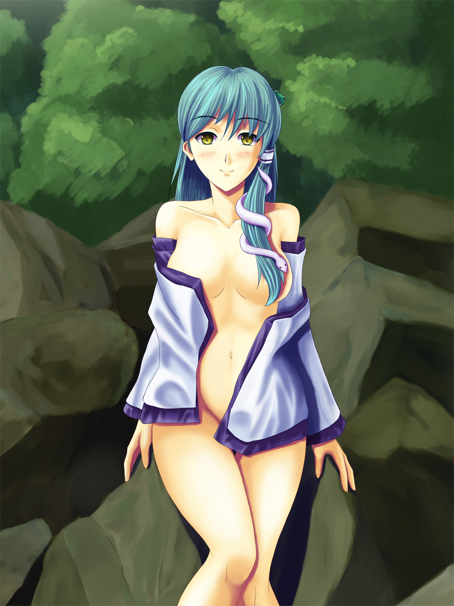 higasa (tamago-kake-gohan), tamago kake gohan, kochiya sanae, touhou, bad id, bad pixiv id, highres, 1girl, blush, censored, convenient censoring, female focus, frog, green hair, hair censor, hair over breasts, long hair, navel, sitting, snake, solo, yellow eyes