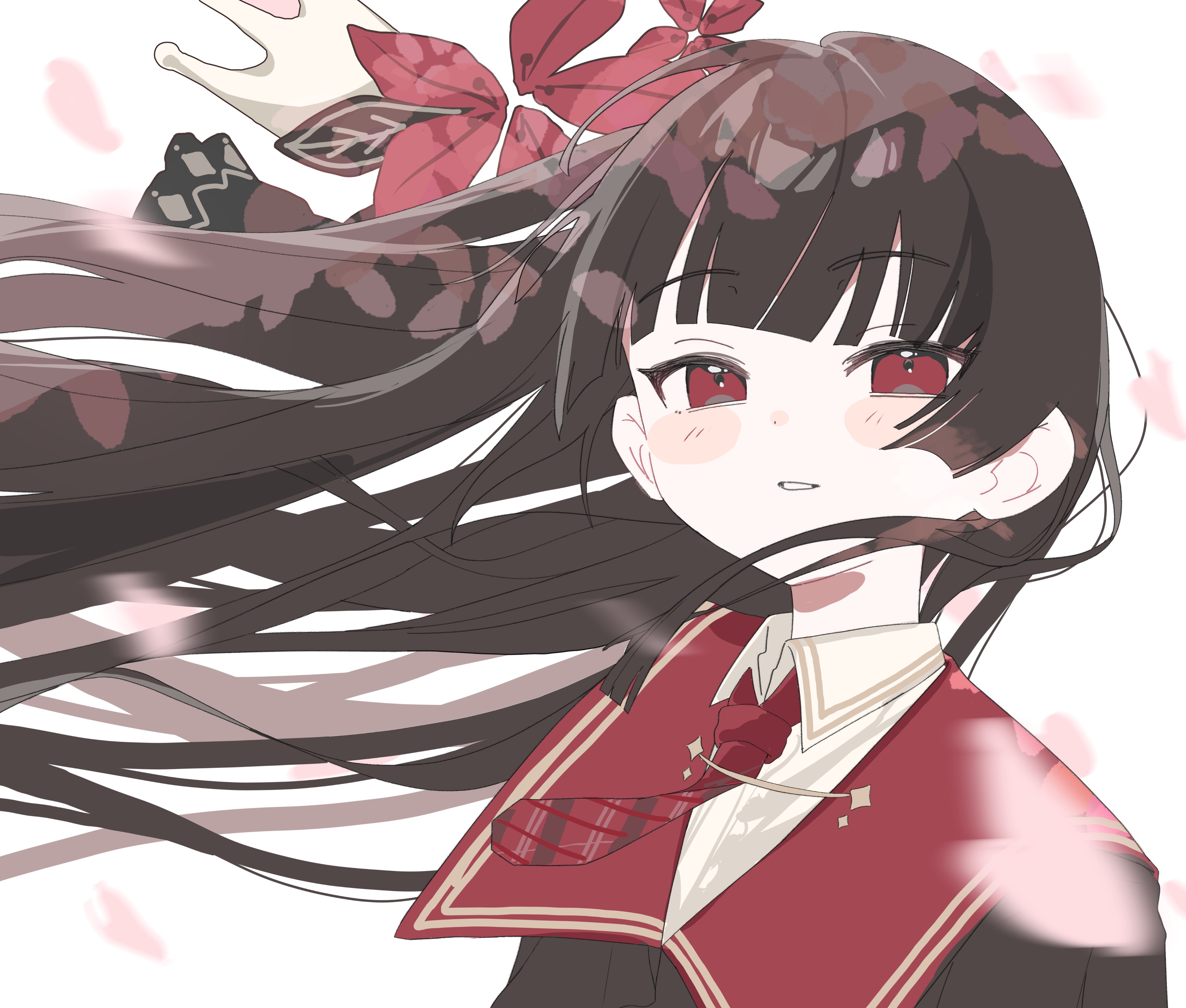 nikaido hiro, mahou shoujo no majo saiban, absurdres, commentary request, highres, 1girl, black hair, blunt bangs, cherry blossoms, collared shirt, falling petals, floating clothes, floating hair, flower, hair flower, hair ornament, juuryoku (g 9 80665), long hair, looking at viewer, parted lips, petals, red eyes, red flower, red sailor collar, sailor collar, shirt, simple background, smile, solo, upper body, white background, white shirt, wind