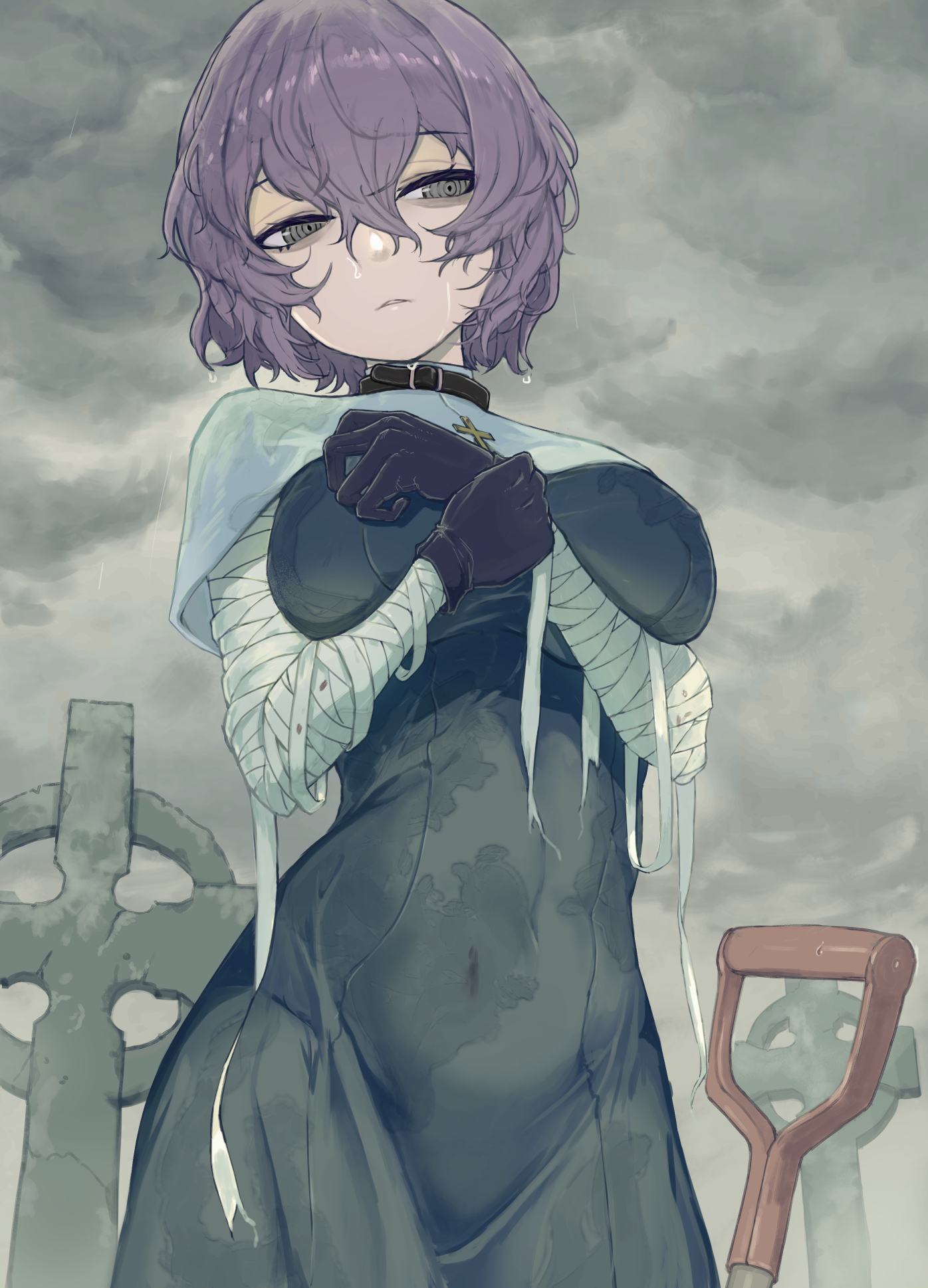 bouhuman, original, commentary request, highres, 1girl, arms under breasts, bandaged arm, bandages, black choker, black dress, black gloves, breasts, capelet, choker, cloud, covered navel, cross, dark cloud, dress, gloves, grave, grey eyes, grey sky, hair between eyes, large breasts, looking to the side, messy hair, nun, outdoors, overcast, purple hair, rain, raincloud, ringed eyes, shovel, sky, solo, tight clothes, tombstone, wet, wet clothes, wet hat, white capelet