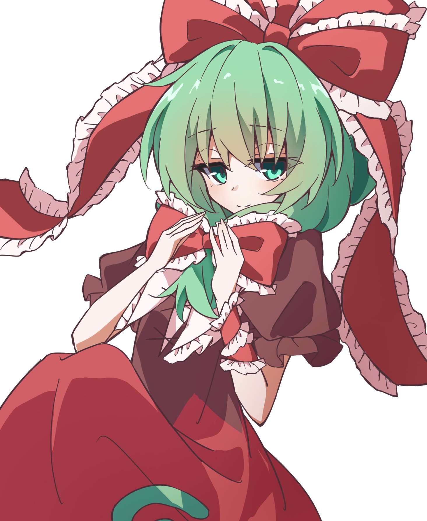 ishijogahara, kagiyama hina, touhou, highres, 1girl, bow, dress, front ponytail, green eyes, green hair, looking at viewer, puffy short sleeves, puffy sleeves, red bow, red dress, red ribbon, ribbon, short sleeves, simple background, smile, solo, white background