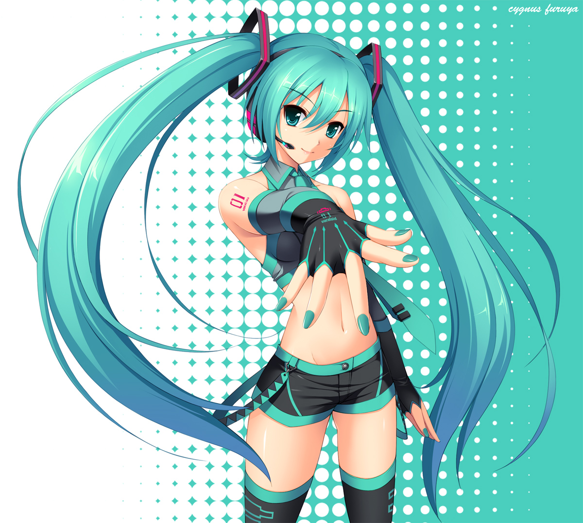 cygnus (cygnus7), hatsune miku, vocaloid, 1girl, aqua background, aqua eyes, aqua hair, aqua nails, aqua necktie, cowboy shot, female focus, foreshortening, hair between eyes, halftone, halterneck, long hair, midriff, nail polish, navel, necktie, reaching, reaching towards viewer, short shorts, shorts, shoulder tattoo, smile, solo, standing, stomach, tank top, tattoo, thighhighs, thighs, twintails, very long hair, white background