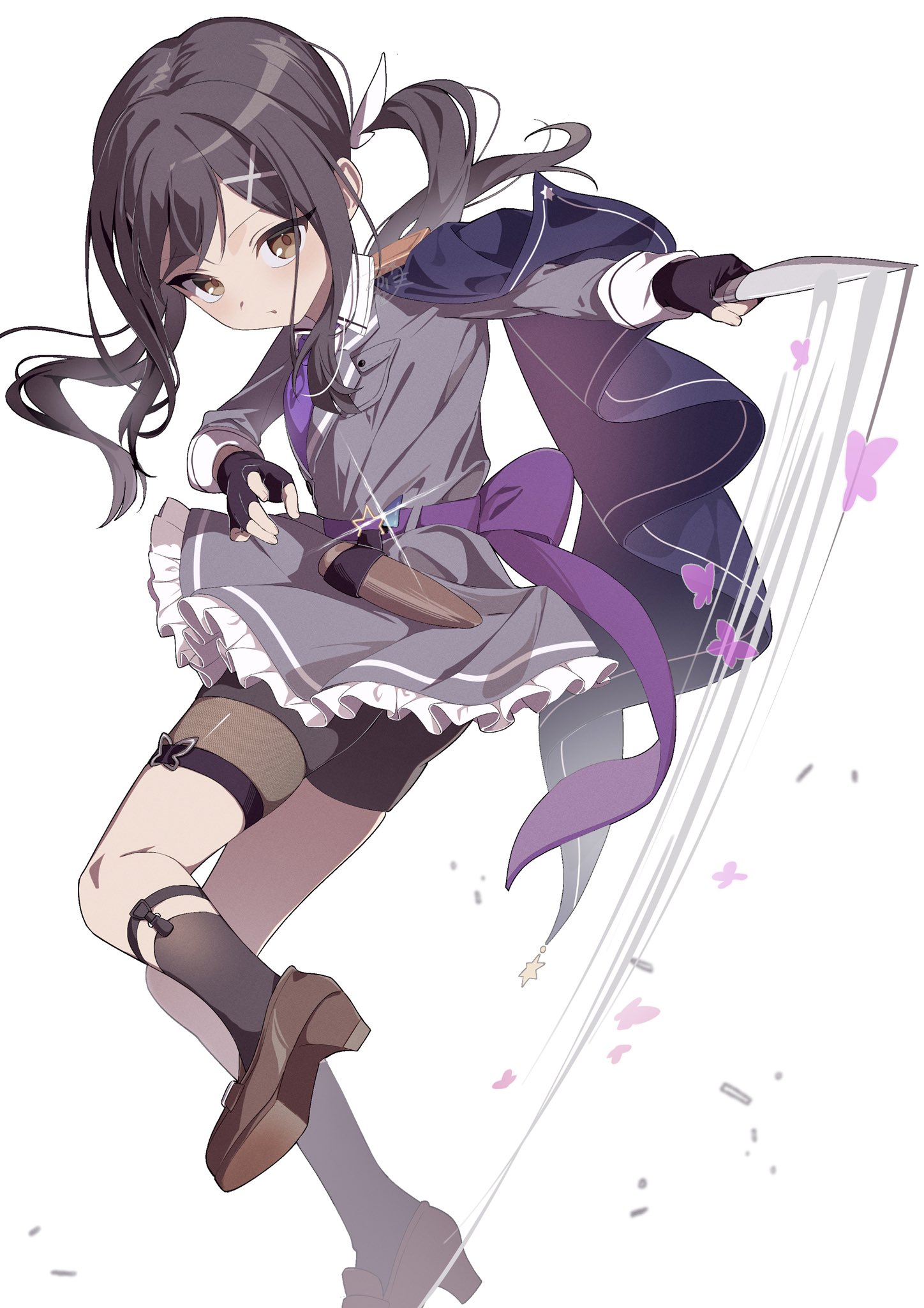 akaneko016, miyu edelfelt, fate/kaleid liner prisma illya, fate (series), commentary request, highres, 1girl, brown eyes, brown hair, collared shirt, dagger, flat chest, full body, gloves, hair ornament, jacket, knife, long hair, looking at viewer, necktie, sheath, shirt, smile, socks, solo, thigh sheath, twintails, unsheathing, weapon, wind, x hair ornament