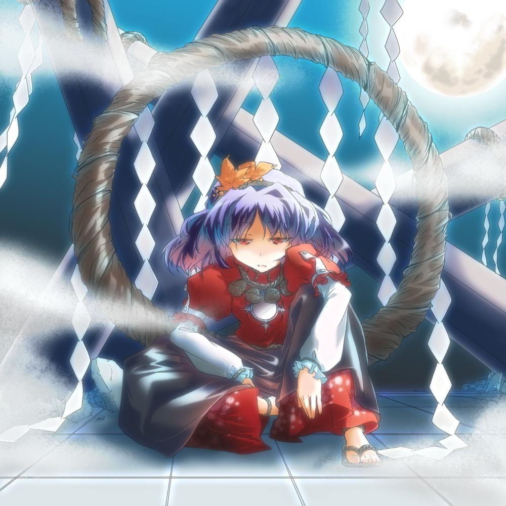 hiyorimi, yasaka kanako, touhou, 1girl, autumn leaves, blue hair, female focus, full body, leaf, mirror, onbashira, red eyes, rope, sandals, shide, shimenawa, short hair, sitting, solo, zouri