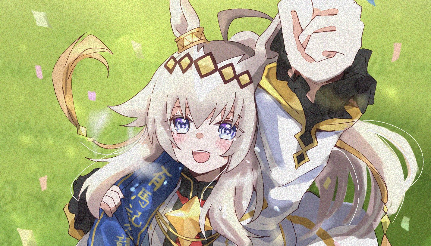 arima kinen, mokuroo, oguri cap (umamusume), umamusume, umamusume: cinderella gray, 1girl, ahoge, animal ears, arm up, blue eyes, blush, brooch, clenched hand, confetti, ear ornament, grey hair, hair between eyes, hair ornament, hair ribbon, horse ears, horse girl, jacket, jewelry, long hair, long sleeves, neckerchief, official alternate costume, oguri cap (cinderella gray) (umamusume), open mouth, ponytail, red neckerchief, ribbon, smile, solo, star brooch, white jacket