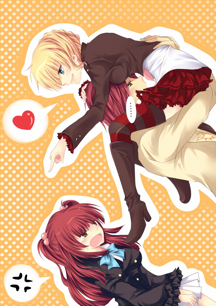 murasakio, beatrice (umineko), ushiromiya ange, ushiromiya battler, umineko no naku koro ni, 00s, 1boy, 2girls, angry, blonde hair, blue eyes, brother and sister, multiple girls, siblings, thighhighs