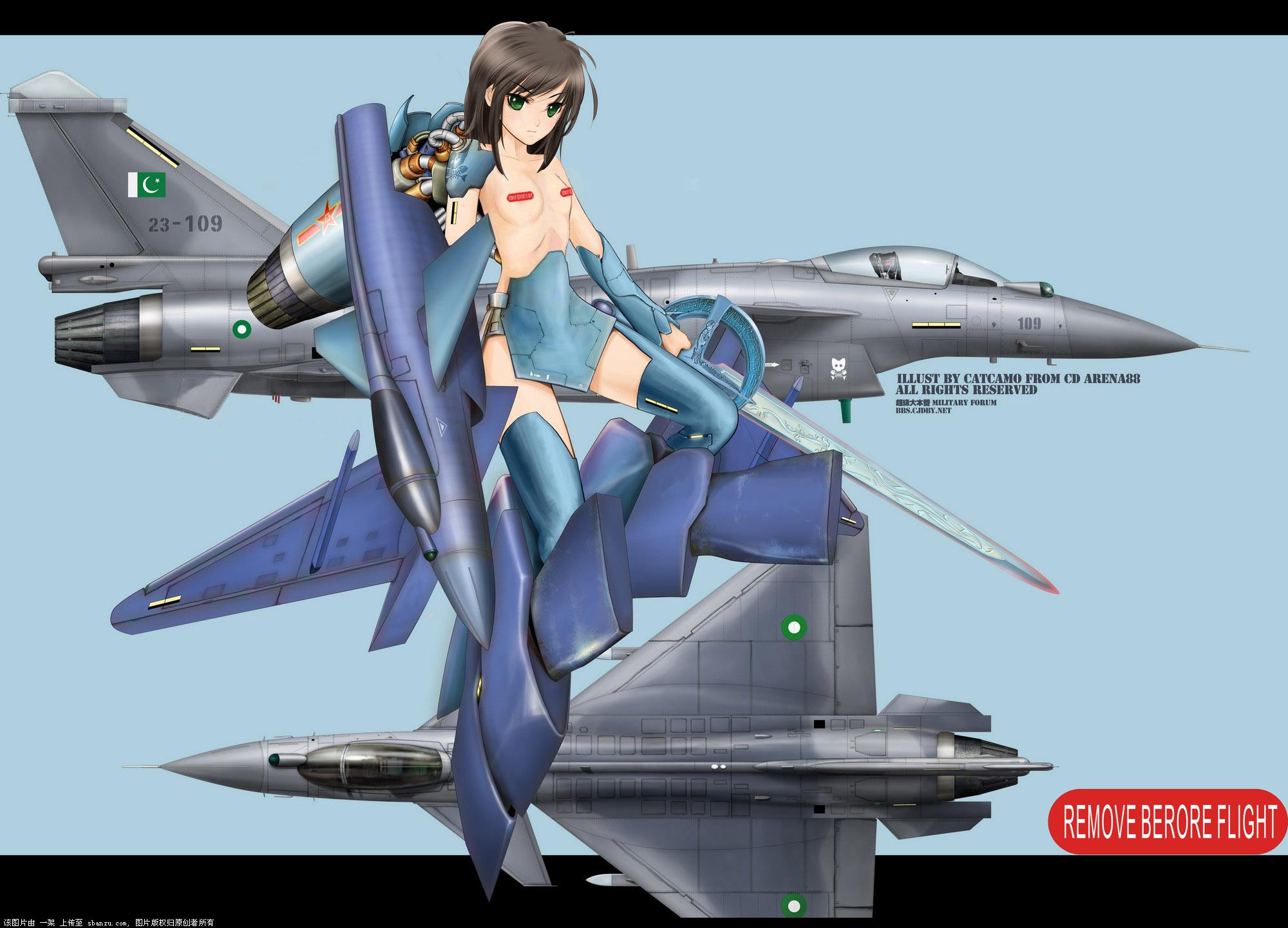original, highres, third-party edit, 1girl, aircraft, airplane, canards, chengdu j-10, china, female focus, green eyes, mecha musume, military, pakistan, pasties, pla, solo, sword, weapon
