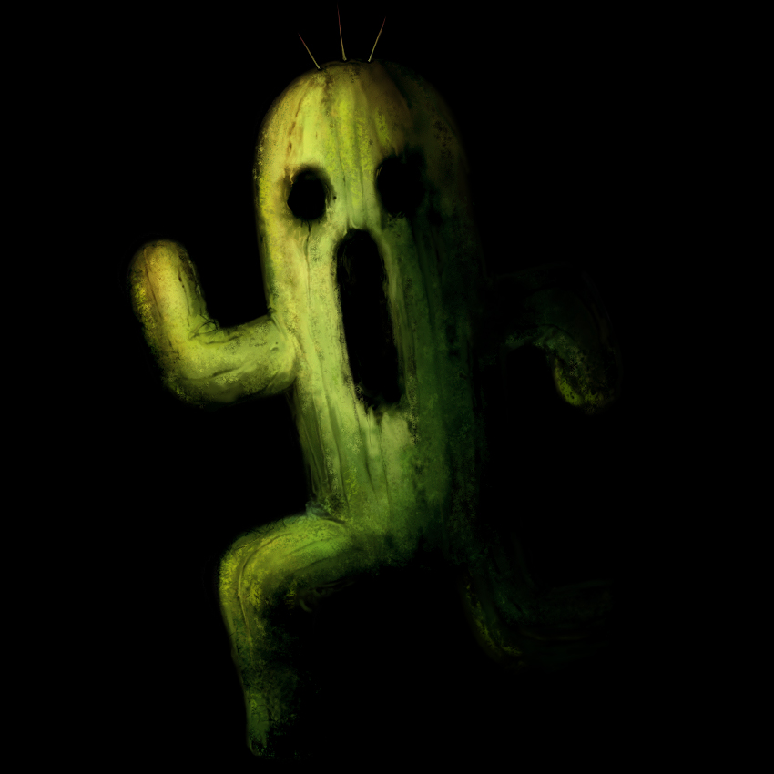 xilla, sabotender, final fantasy, bad id, bad pixiv id, black background, cactus, creepy, dark, horror (theme), needle, no humans, solo