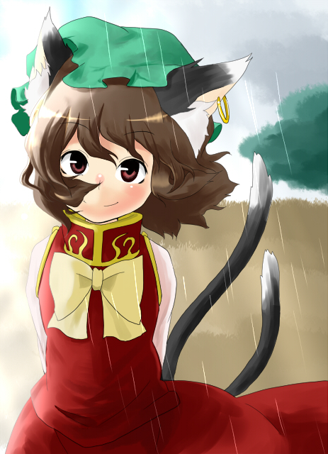 nekoarashi, yana (nekoarashi), chen, touhou, 1girl, animal ears, brown hair, cat ears, cat girl, cat tail, earrings, female focus, hat, jewelry, multiple tails, rain, short hair, smile, solo, tail