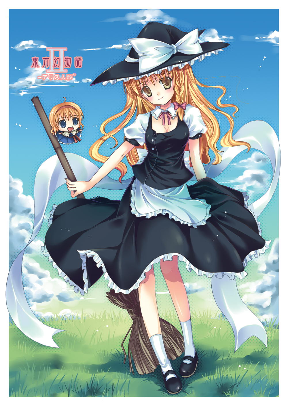 hanahanamaki, alice margatroid, kirisame marisa, touhou, bad id, bad pixiv id, highres, 2girls, blonde hair, blue eyes, braid, broom, chibi, female focus, hairband, hat, long hair, multiple girls, short hair, witch, witch hat, yellow eyes