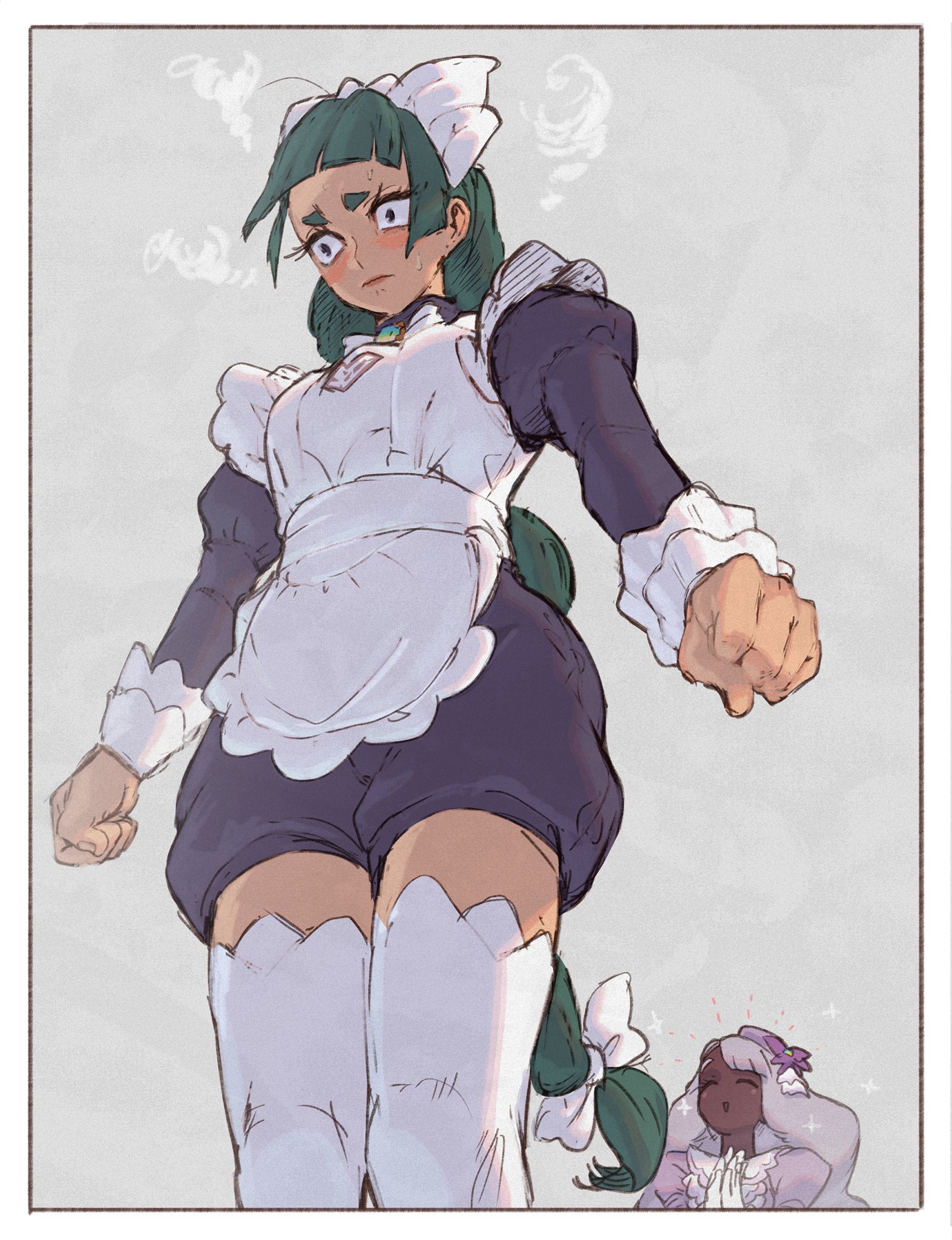 mumumi, jacinthe (pokemon), lebanne (pokemon), nintendo, pokemon, pokemon legends: z-a, master and servant, commentary request, highres, 2girls, apron, black romper, blunt bangs, blush, bow, bowtie, braid, braided ponytail, breasts, closed eyes, closed mouth, dark-skinned female, dark skin, dress, fascinator, gloves, green hair, juliet sleeves, long braid, long hair, long sleeves, maid, maid apron, maid headdress, mega stone, multiple girls, puffy sleeves, purple dress, purple hair, romper, smile, thighhighs, tsurime, very dark skin, white bow, white bowtie, white gloves, white thighhighs