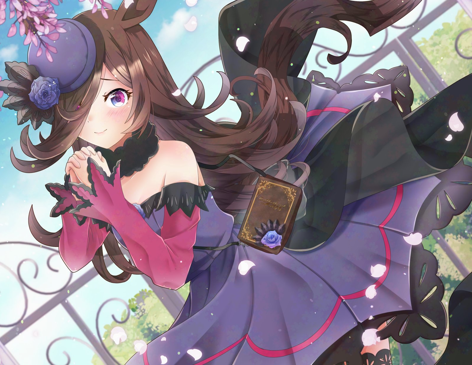 yukiomi kizuki, rice shower (rosy dreams) (umamusume), rice shower (umamusume), umamusume, commentary request, highres, 1girl, animal ears, bare shoulders, black thighhighs, blue flower, blue hat, blue rose, blue sky, blush, breasts, brown hair, closed mouth, dress, fascinator, flipped hair, flower, fur choker, hair over one eye, hat, hat flower, horse ears, horse girl, horse tail, long hair, long sleeves, looking at viewer, off-shoulder dress, off shoulder, outdoors, petals, purple eyes, rose, sky, small breasts, smile, solo, tail, thighhighs, tilted headwear