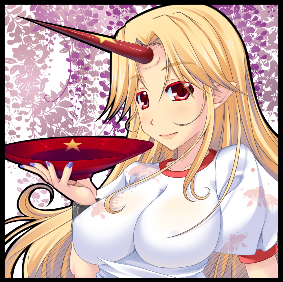 kirise mitsuru, hoshiguma yuugi, touhou, bad id, bad pixiv id, 1girl, black border, blonde hair, border, breasts, covered erect nipples, cuffs, cup, female focus, horns, huge breasts, impossible clothes, impossible shirt, large breasts, light smile, long hair, nail polish, pointy ears, red eyes, sakazuki, shackles, shirt, single horn, solo, upper body