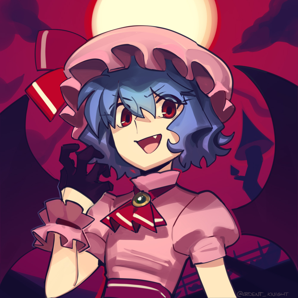 boa (brianoa), remilia scarlet, touhou, commentary, english commentary, 1girl, ascot, bat wings, black gloves, blue hair, brooch, fang, full moon, gloves, hat, jewelry, looking at viewer, mob cap, moon, open mouth, red ascot, red eyes, smile, solo, upper body, wings
