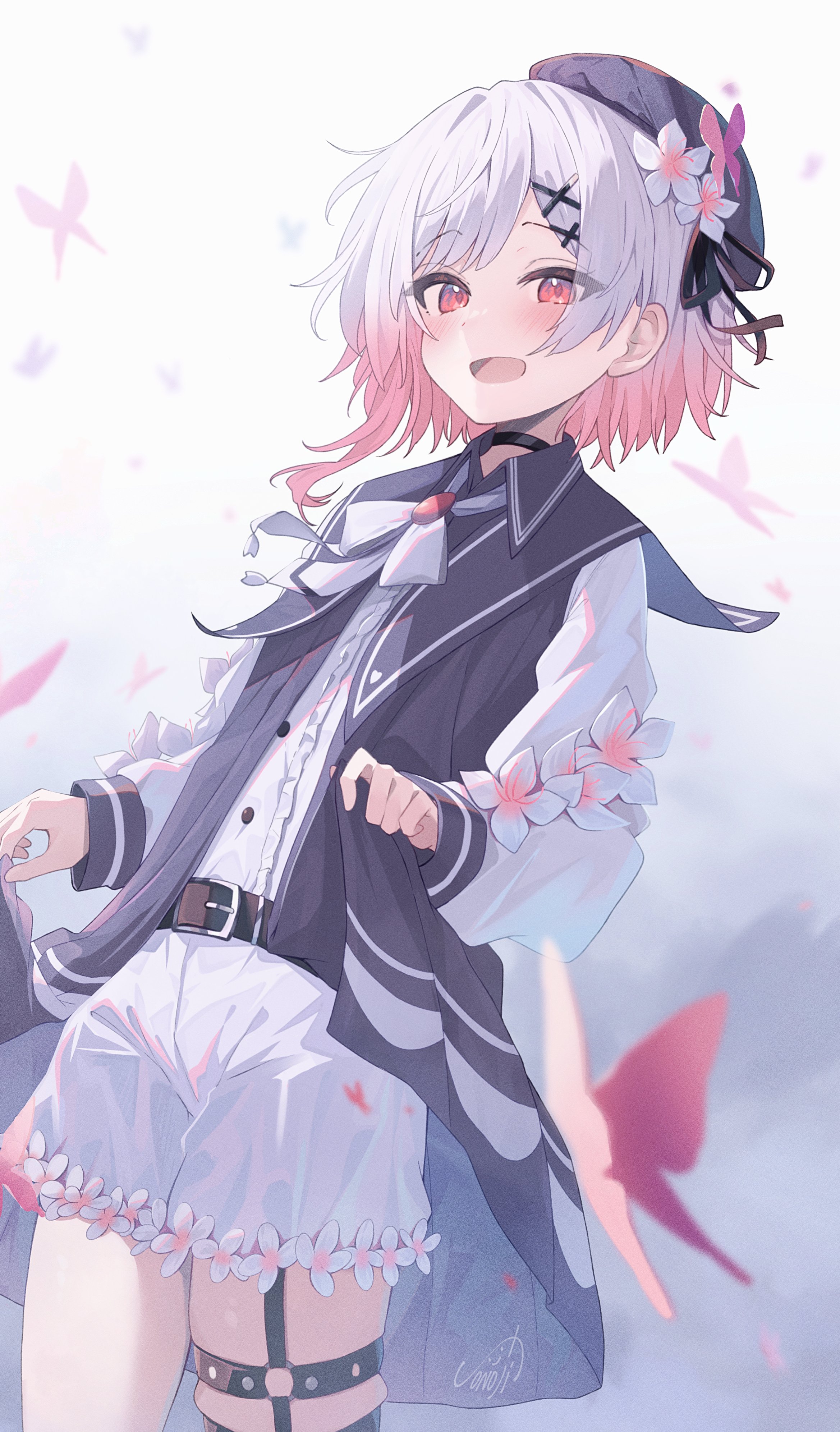 sonoji, sakuraba ema, mahou shoujo no majo saiban, absurdres, commentary request, highres, 1girl, :d, beret, black choker, black dress, black hat, brooch, bug, butterfly, choker, cowboy shot, dress, flower, gradient hair, hair flower, hair ornament, hat, insect, jewelry, long sleeves, looking at viewer, multicolored hair, neck ribbon, o-ring, o-ring thigh strap, open mouth, pink eyes, pink hair, red butterfly, ribbon, shirt, short hair, shorts, skirt hold, smile, solo, standing, thigh strap, white flower, white hair, white ribbon, white shirt, white shorts, x hair ornament
