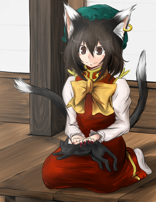 nekoarashi, yana (nekoarashi), chen, touhou, 1girl, animal ears, bow, brown eyes, brown hair, cat, cat ears, cat tail, earrings, female focus, fingernails, hat, jewelry, multiple tails, nail (hardware), short hair, solo, tail