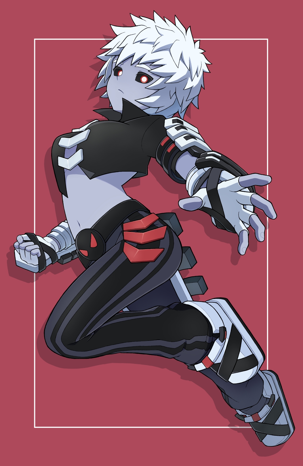 aotu world, commentary request, highres, 1girl, black pants, black sclera, black shirt, breasts, clenched hand, closed mouth, colored sclera, colored skin, cropped shirt, full body, genderswap, genderswap (mtf), grey skin, looking at viewer, medium breasts, midriff, navel, pants, red background, red eyes, shirt, short hair, silver (aotu world), simple background, solo, user kkya5245, white hair