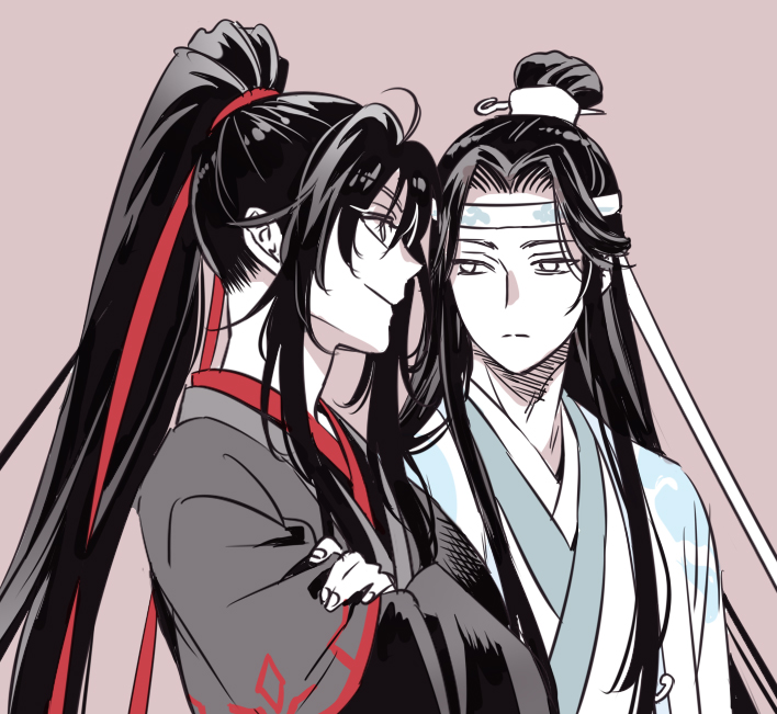 lan wangji, wei wuxian, modao zushi, commentary request, 2boys, ahoge, black hair, black hanfu, chinese clothes, closed mouth, crossed arms, hair ribbon, hanfu, headband, high ponytail, implied yaoi, long hair, looking at another, male focus, multiple boys, ponytail, profile, red ribbon, ribbon, robe, s n z n, sidelocks, simple background, smile, topknot, upper body, white hanfu, white headband, xiao guan (headdress)
