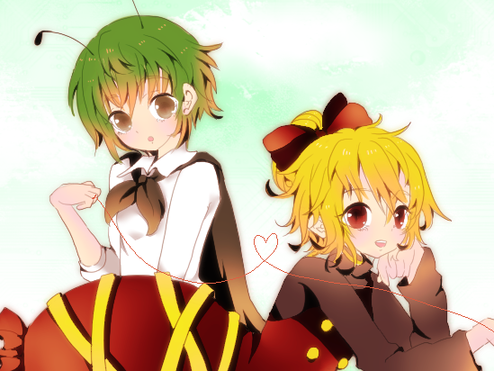 takeyo, kurodani yamame, wriggle nightbug, touhou, 2girls, antennae, blonde hair, bow, brown eyes, buttons, cape, dress, female focus, green hair, hair bow, heart, heart of string, lying, multiple girls, red eyes, short hair, string, string of fate