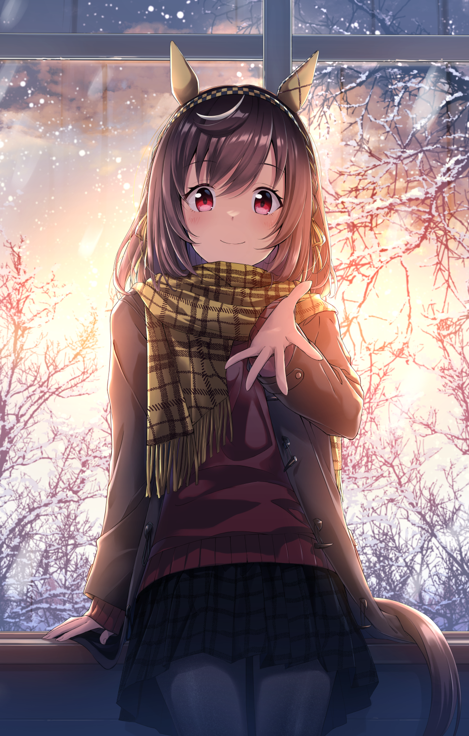 murasaki himuro, buena vista (umamusume), umamusume, commentary request, commission, highres, skeb commission, 1girl, animal ears, black pantyhose, blush, braid, breasts, brown hair, checkered clothes, checkered hairband, checkered scarf, closed mouth, ear covers, hair between eyes, hair ornament, hairband, headband, horse ears, horse girl, horse tail, looking at viewer, medium hair, outstretched arm, pantyhose, purple eyes, red sweater, scarf, skirt, smile, snow, solo, sweater, tail, window, yellow scarf