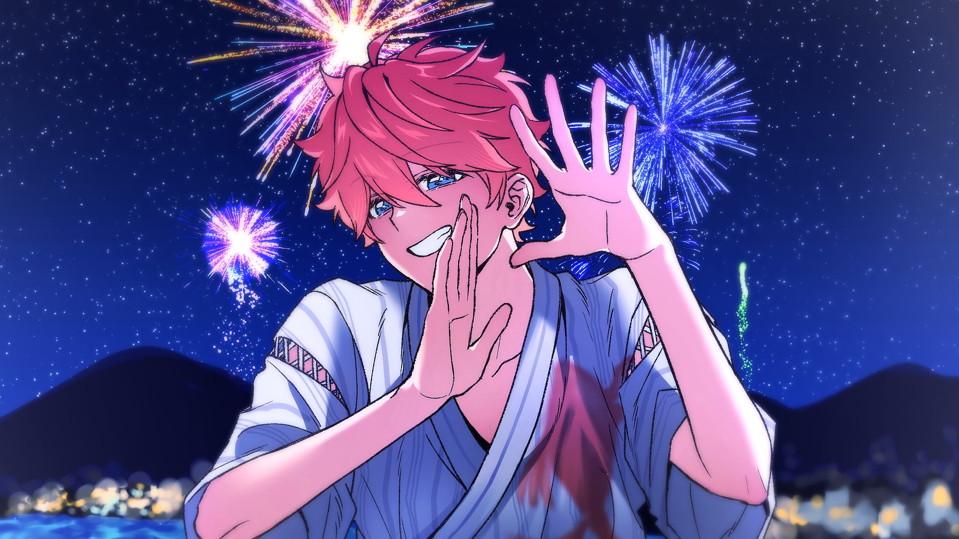akehoshi subaru, ensemble stars!, commentary, highres, 1boy, aerial fireworks, arms up, blue eyes, blurry, blurry background, clothing cutout, fireworks, grin, hair between eyes, japanese clothes, kkongtrs, male focus, orange hair, short hair, sky, smile, solo, star (sky), starry sky, upper body