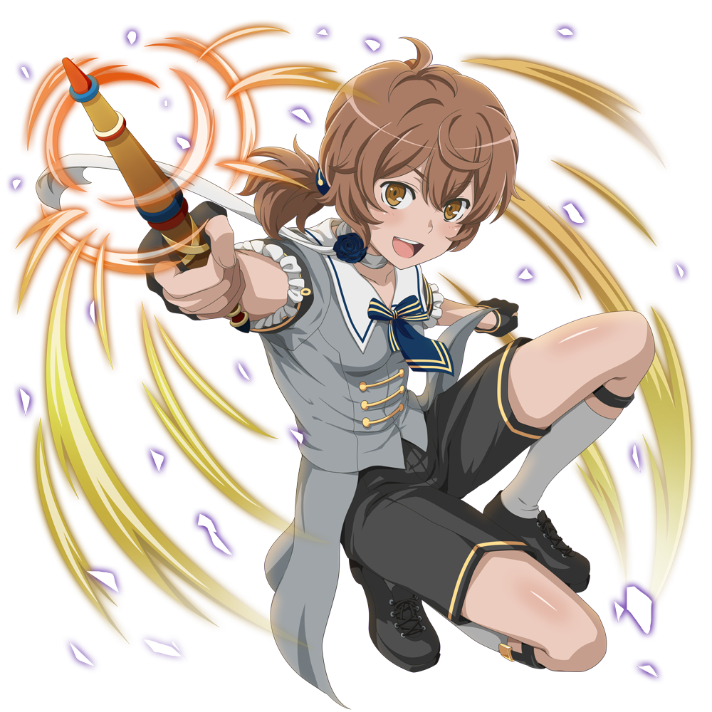 liliruca arde, danmachi memoria freese, dungeon ni deai wo motomeru no wa machigatteiru darou ka, official art, third-party source, 1girl, anime coloring, black gloves, black shoes, black shorts, blue flower, blue rose, breasts, brown eyes, brown hair, fingerless gloves, flower, full body, gloves, grey jacket, hand up, holding, holding wand, jacket, kneehighs, looking at viewer, low ponytail, official alternate costume, official alternate hairstyle, on one knee, ponytail, rose, shoes, short hair, short ponytail, short sleeves, shorts, small breasts, socks, solo, tailcoat, wand, weapon, white socks