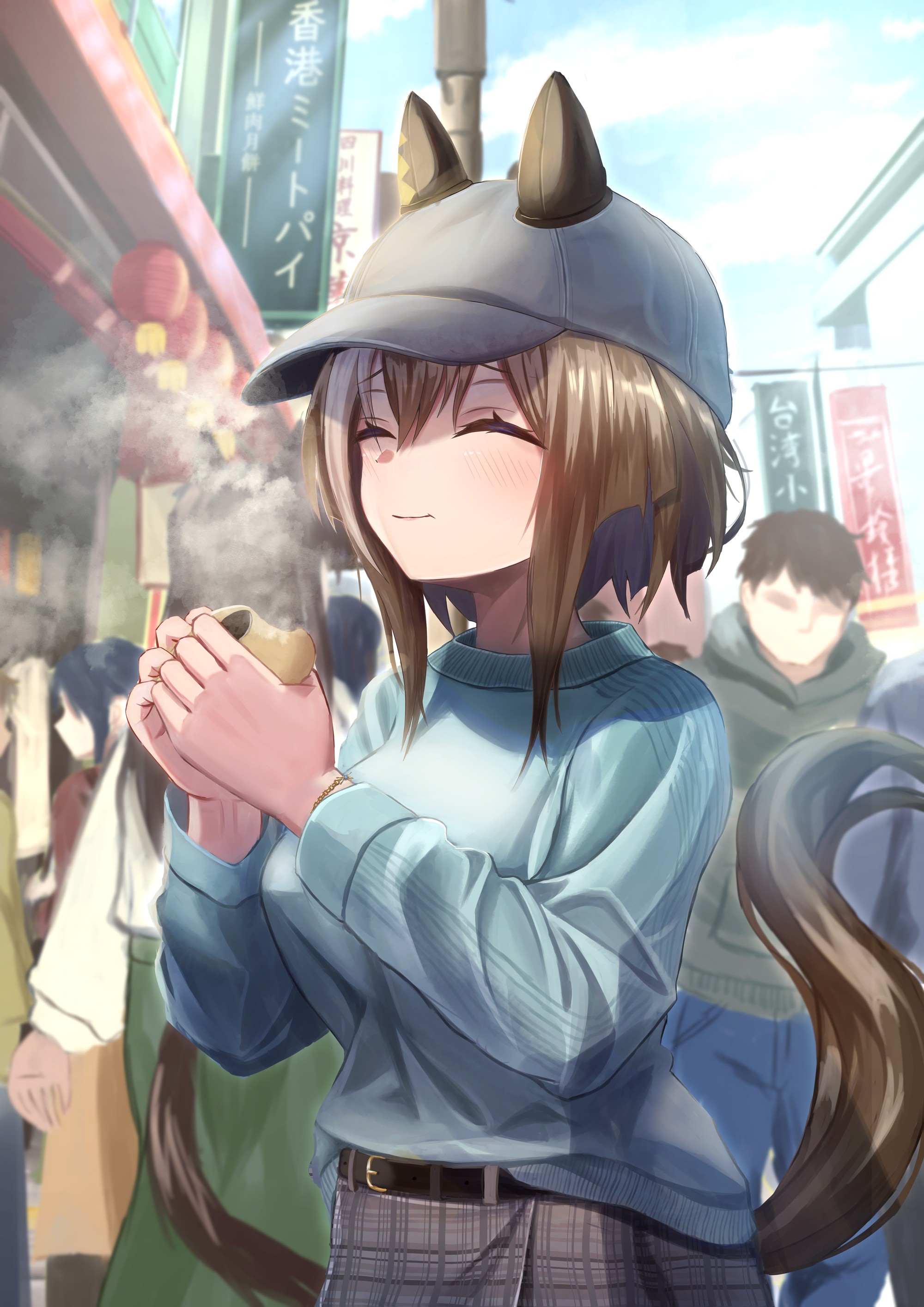 fusou (fuso0205), cheval grand (umamusume), umamusume, absurdres, commentary request, highres, 1boy, 3girls, 3others, animal ears, baseball cap, blue pants, blue shirt, blush, brown hair, city, closed eyes, closed mouth, faceless, faceless female, faceless male, food, green jacket, green skirt, grey hat, grey skirt, hair between eyes, hat, holding, holding food, horse ears, horse girl, horse tail, jacket, long hair, multiple girls, multiple others, outdoors, pants, plaid clothes, plaid skirt, red shirt, shirt, short hair, skirt, smile, steamed bun, tail, white shirt