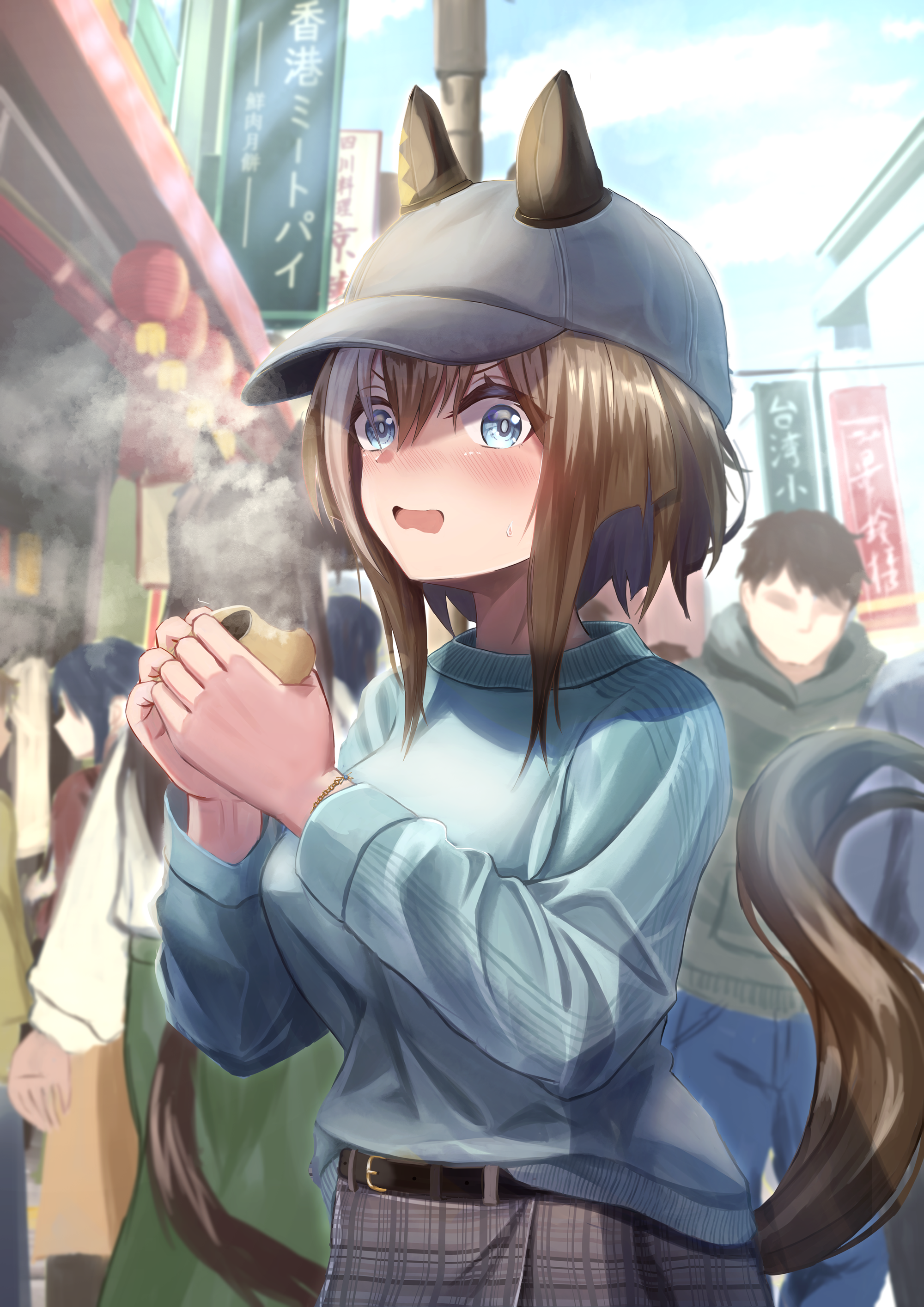 fusou (fuso0205), cheval grand (umamusume), umamusume, absurdres, commentary request, highres, 1boy, 3girls, 3others, animal ears, baseball cap, blue eyes, blue pants, blue shirt, blush, brown hair, city, embarrassed, faceless, faceless female, faceless male, food, green jacket, green skirt, grey hat, grey skirt, hair between eyes, hat, holding, holding food, horse ears, horse girl, horse tail, jacket, long hair, looking at viewer, multiple girls, multiple others, open mouth, outdoors, pants, plaid clothes, plaid skirt, red shirt, shirt, short hair, skirt, steamed bun, tail, white shirt