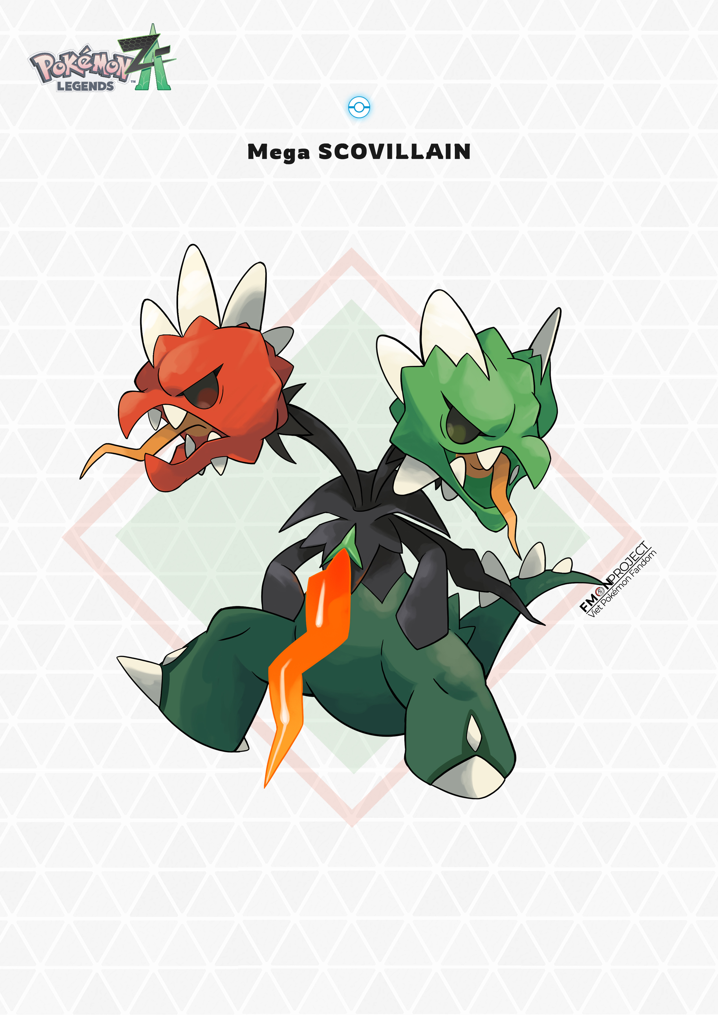 blawn z, mega scovillain, scovillain, nintendo, pokemon, absurdres, commentary, english commentary, highres, bell pepper, character name, claws, colored skin, copyright logo, copyright name, fangs, green bell pepper, green skin, logo, mega pokemon, mohawk, multiple heads, necktie, no humans, official style, open mouth, pokemon (creature), pokemon focus, red pepper, red skin, spiked tail, sugimori ken (style), tail, tongue, tongue out, v-shaped eyes