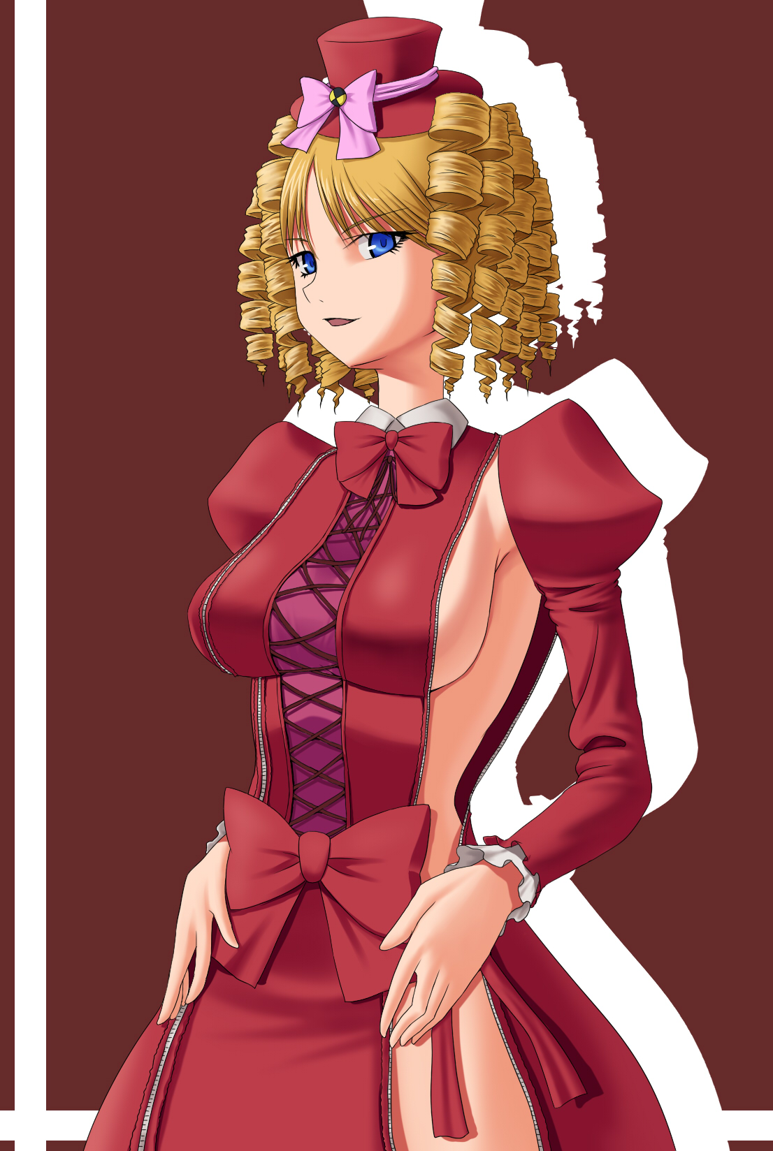 akimichi, gaap (umineko), umineko no naku koro ni, highres, 00s, 1girl, blonde hair, blue eyes, bow, breasts, female focus, hat, mini hat, mini top hat, pink bow, sideboob, solo, top hat, zipper