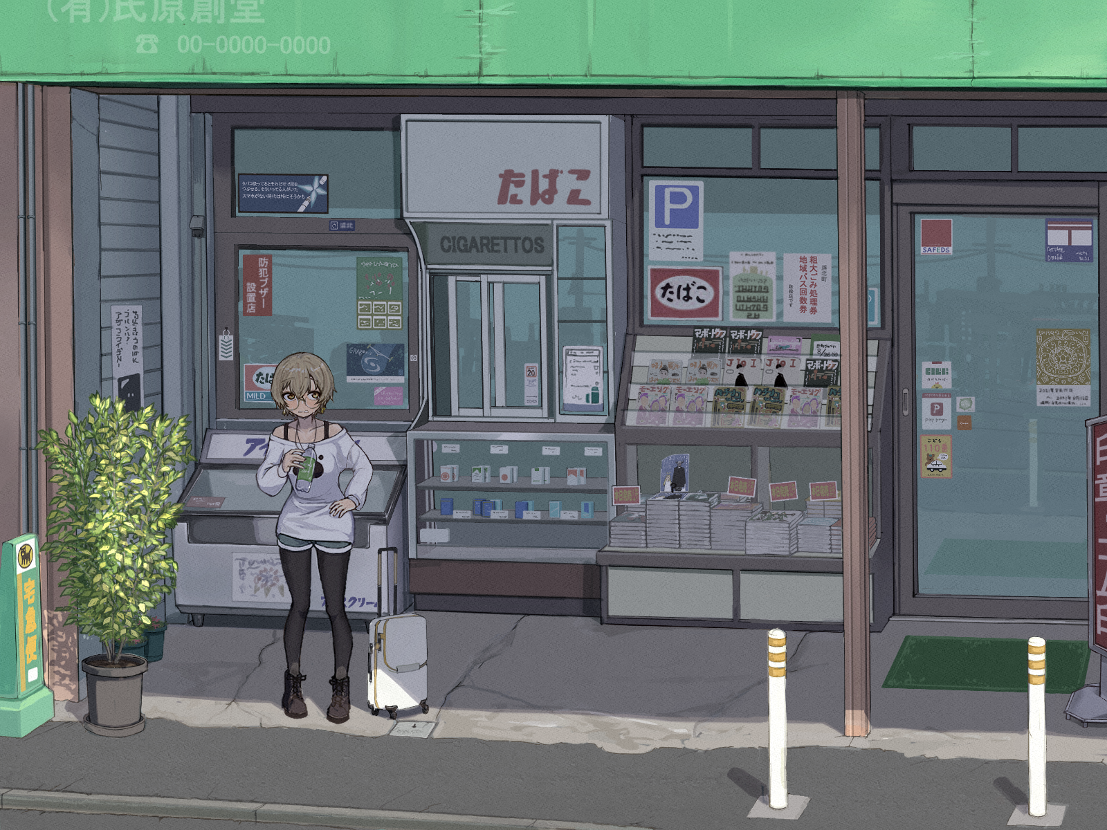 bouhuman, original, commentary request, highres, 1girl, bare shoulders, black bra, black pantyhose, boots, bottle, bra, bra strap, brown hair, building, convenience store, day, holding, holding bottle, leaf, long sleeves, magazine (object), outdoors, pantyhose, pavement, plant, potted plant, rolling suitcase, scenery, shadow, shelf, shirt, shop, short shorts, shorts, sidewalk, solo, suitcase, underwear, white shirt, yellow eyes