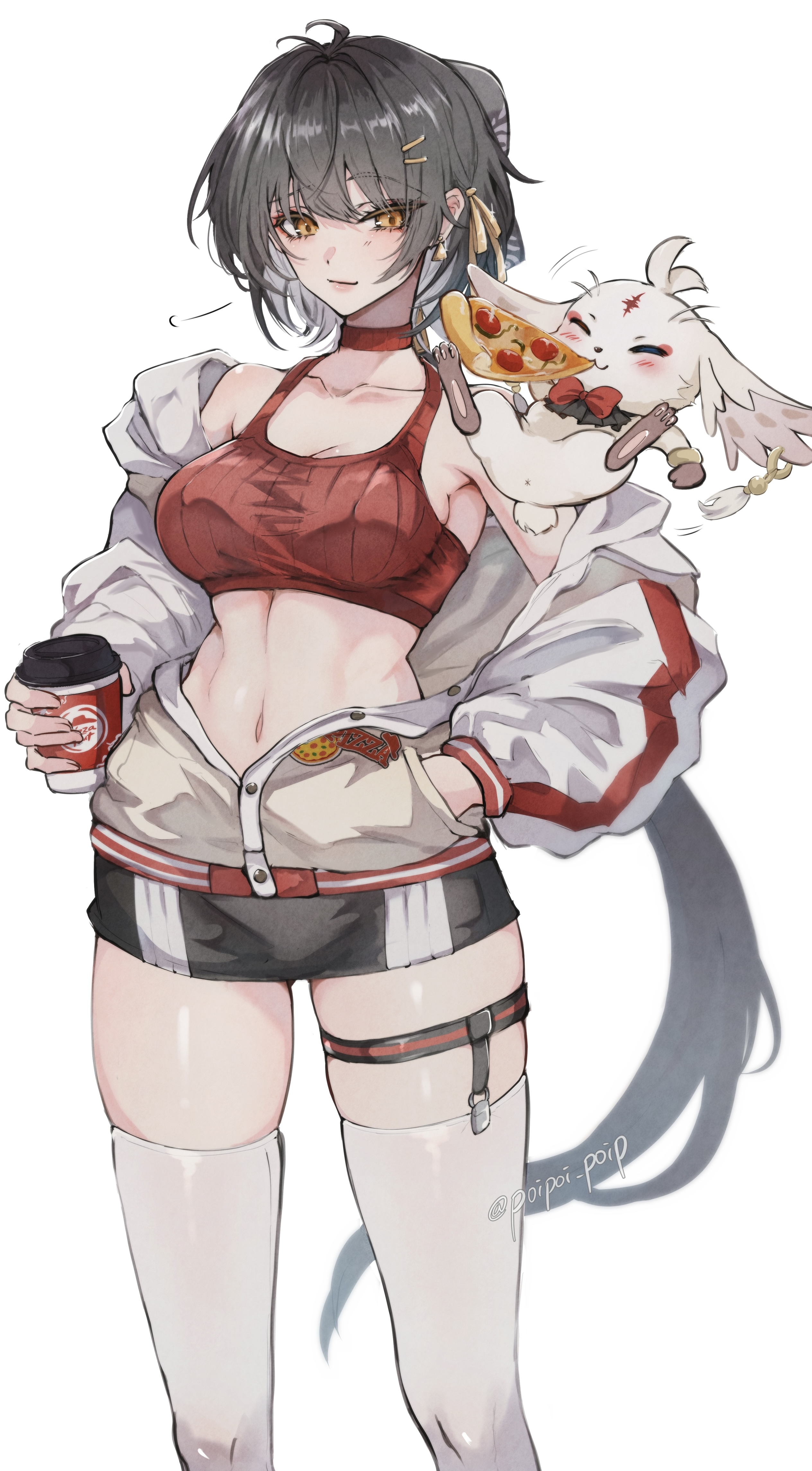 root (050710root), abby (wuthering waves), female rover (wuthering waves), rover (wuthering waves), wuthering waves, absurdres, commentary request, highres, 1girl, artist name, bare shoulders, black bow, black hair, black shorts, bow, breasts, cleavage, closed mouth, collarbone, colored inner hair, cowboy shot, crop top, cup, disposable cup, earrings, hair bow, hair ornament, hair ribbon, hairclip, hand in pocket, holding, holding cup, jacket, jewelry, light smile, long hair, looking at viewer, medium breasts, multicolored hair, off shoulder, official alternate costume, open clothes, open jacket, parallel hairclips, red shirt, ribbon, shirt, shorts, simple background, thighhighs, thighs, triangle earrings, very long hair, white background, white hair, white jacket, white thighhighs, yellow eyes, yellow ribbon