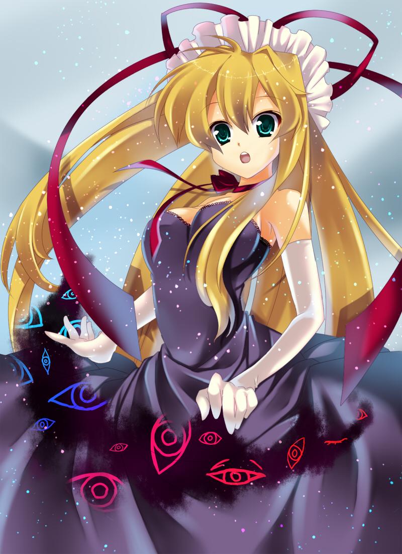 tatsuyoshi, yakumo yukari, touhou, bad id, bad pixiv id, 1girl, :o, adapted costume, blonde hair, breasts, choker, cleavage, dress, elbow gloves, female focus, gap (touhou), gloves, green eyes, hat, hat ribbon, long hair, medium breasts, ribbon, ribbon choker, solo, strapless, strapless dress, white gloves