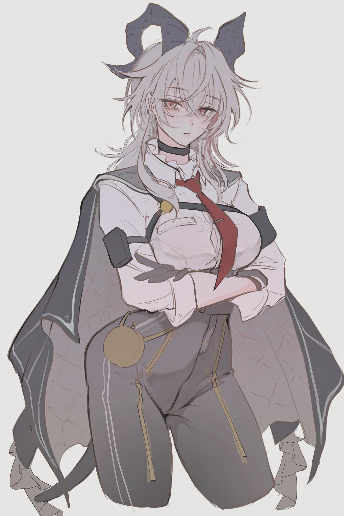 root (050710root), zani (wuthering waves), wuthering waves, commentary request, highres, 1girl, armband, black armband, black choker, black gloves, black horns, breasts, button gap, chest harness, choker, collared shirt, crossed arms, earrings, expressionless, gloves, grey background, hair between eyes, harness, high-waist pants, horns, jewelry, necktie, pants, quilted cape, red eyes, red necktie, shirt, simple background, sleeves rolled up, solo, tight clothes, tight pants, white hair, white shirt