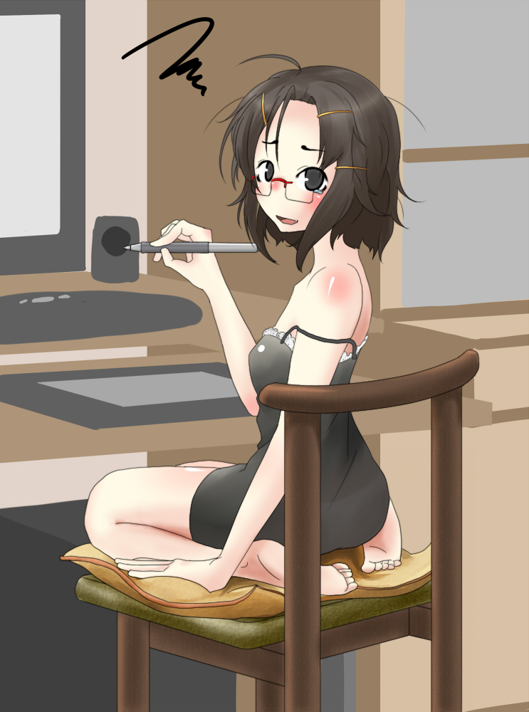 nekoarashi, yana (nekoarashi), original, wacom, bad id, bad pixiv id, 1girl, ahoge, barefoot, black eyes, black hair, blush, chair, chemise, computer, computer keyboard, drawing tablet, fang, feet, female focus, glasses, hair ornament, hairclip, lingerie, looking back, open mouth, over-rim eyewear, seiza, semi-rimless eyewear, short hair, sitting, solo, strap slip, stylus, tears, underwear
