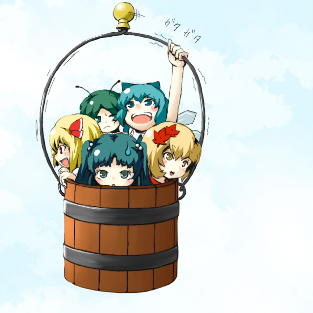 nekoarashi, yana (nekoarashi), aki shizuha, cirno, kisume, rumia, wriggle nightbug, touhou, bad id, bad pixiv id, 5girls, antennae, blonde hair, blue eyes, blue hair, bucket, fang, green eyes, green hair, hair bobbles, hair ornament, hair ribbon, in bucket, in container, leaf, leaf hair ornament, maple leaf, multiple girls, red eyes, ribbon, short hair, twintails, wings, yellow eyes
