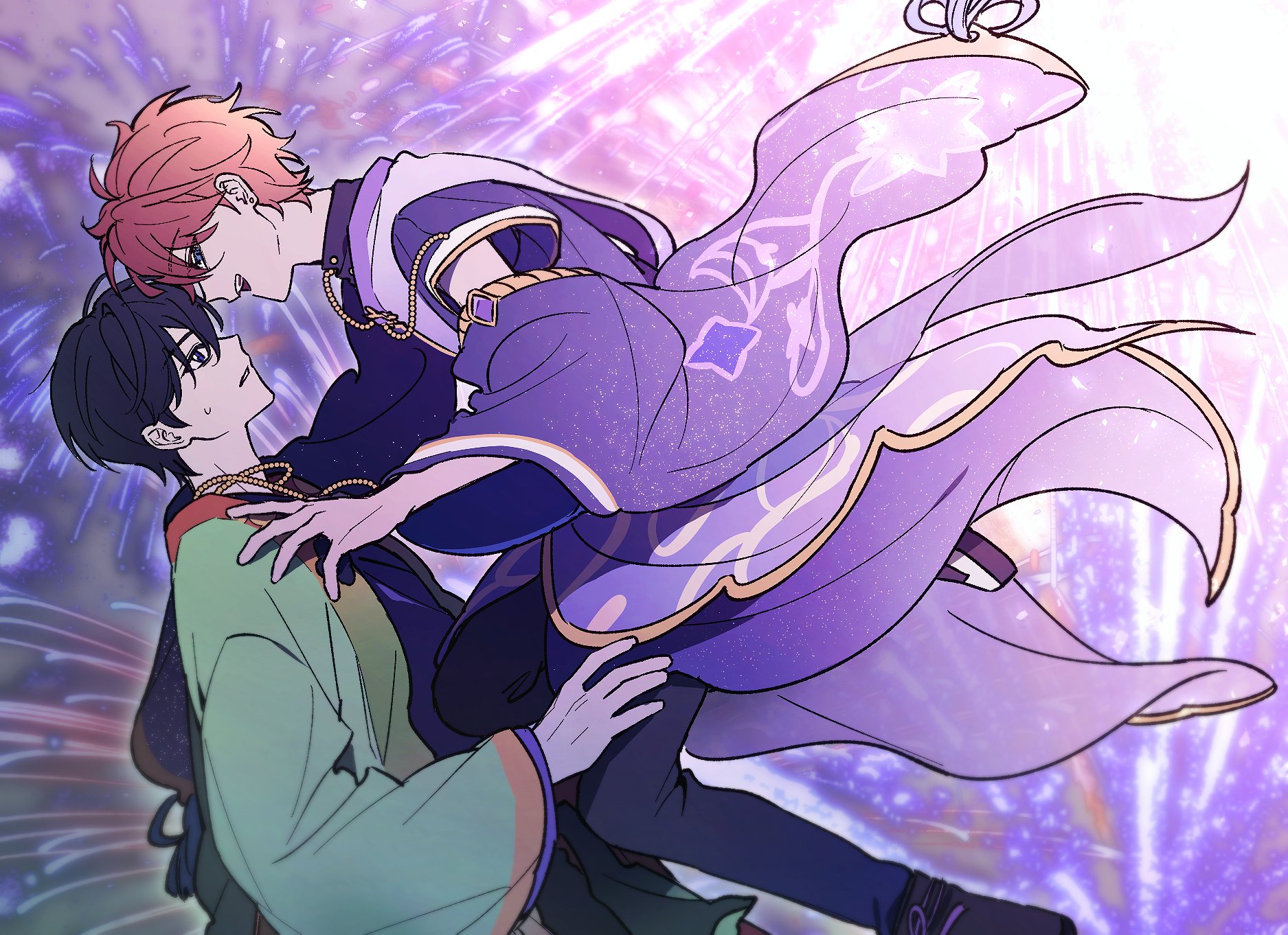 akehoshi subaru, hidaka hokuto, ensemble stars!, commentary request, highres, korean commentary, 2boys, aerial fireworks, arm cutout, black hair, blue eyes, clothing cutout, fireworks, from side, furisode, green haori, hair between eyes, hand on another's shoulder, haori, japanese clothes, kimono, kkongtrs, long sleeves, looking at another, looking down, looking up, male focus, multiple boys, open mouth, orange hair, parted lips, purple kimono, short hair, smile, sweatdrop, wide sleeves, yaoi