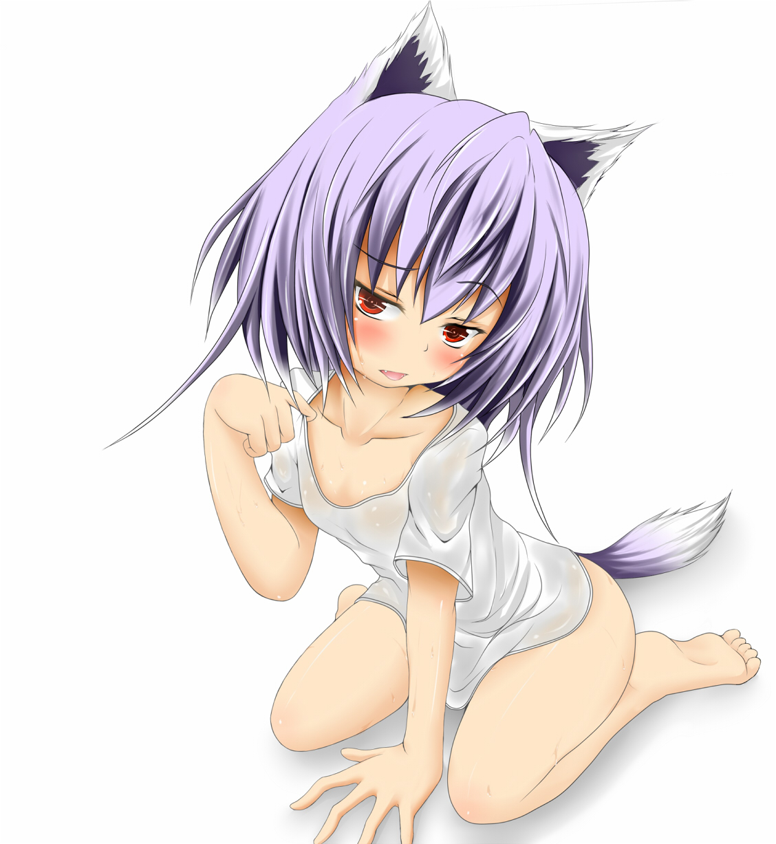 maeda kousuke, original, highres, 1girl, animal ears, barefoot, blush, bottomless, collarbone, dog ears, female focus, loli, purple hair, red eyes, solo, tail