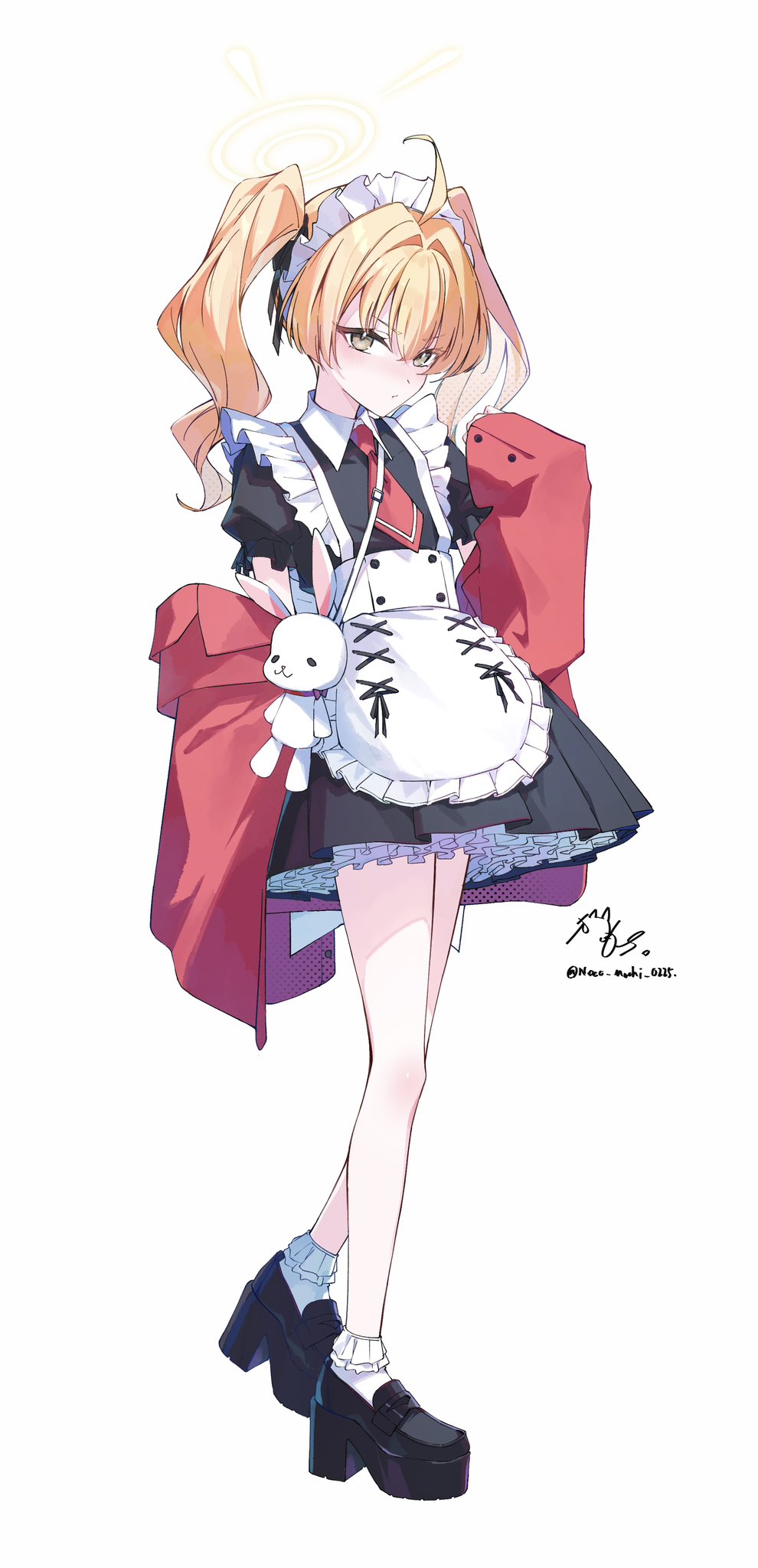 nekomochi, yoshimi (blue archive), blue archive, commentary request, highres, 1girl, :t, ahoge, alternate costume, animal bag, ankle socks, apron, bag, black dress, black shoes, blonde hair, blush, bow, bowtie, dress, enmaided, frilled apron, frilled dress, frilled socks, frills, halo, high heels, jacket, jacket partially removed, loafers, long hair, looking at viewer, maid, maid apron, maid headdress, open clothes, open jacket, platform heels, puffy short sleeves, puffy sleeves, rabbit bag, red bow, red bowtie, red jacket, shoes, short sleeves, shoulder bag, simple background, sleeves past wrists, socks, solo, twintails, waist apron, white apron, white background, white socks, yellow halo