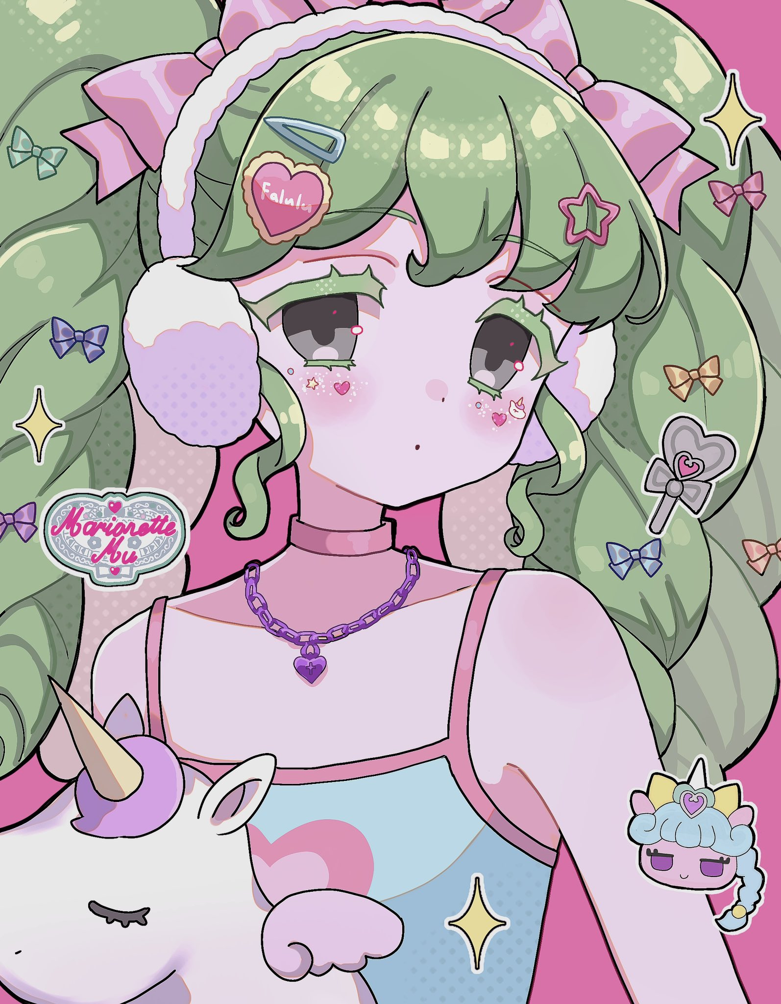 aki (akinyaaaaa), falulu, unicorn (pripara), pretty series, pripara, commentary, highres, symbol-only commentary, 1girl, bare shoulders, blue shirt, blush, bow, chain, chain necklace, chibi, chibi inset, choker, closed mouth, colored eyelashes, expressionless, green hair, grey eyes, hair bow, hair ornament, hairclip, headphones, heart, heart hair ornament, heart necklace, jewelry, long hair, looking at viewer, necklace, pink background, pink choker, shirt, sleeveless, sleeveless shirt, solo, sparkle, star (symbol), star hair ornament, sticker, sticker on face, twintails, unicorn, upper body