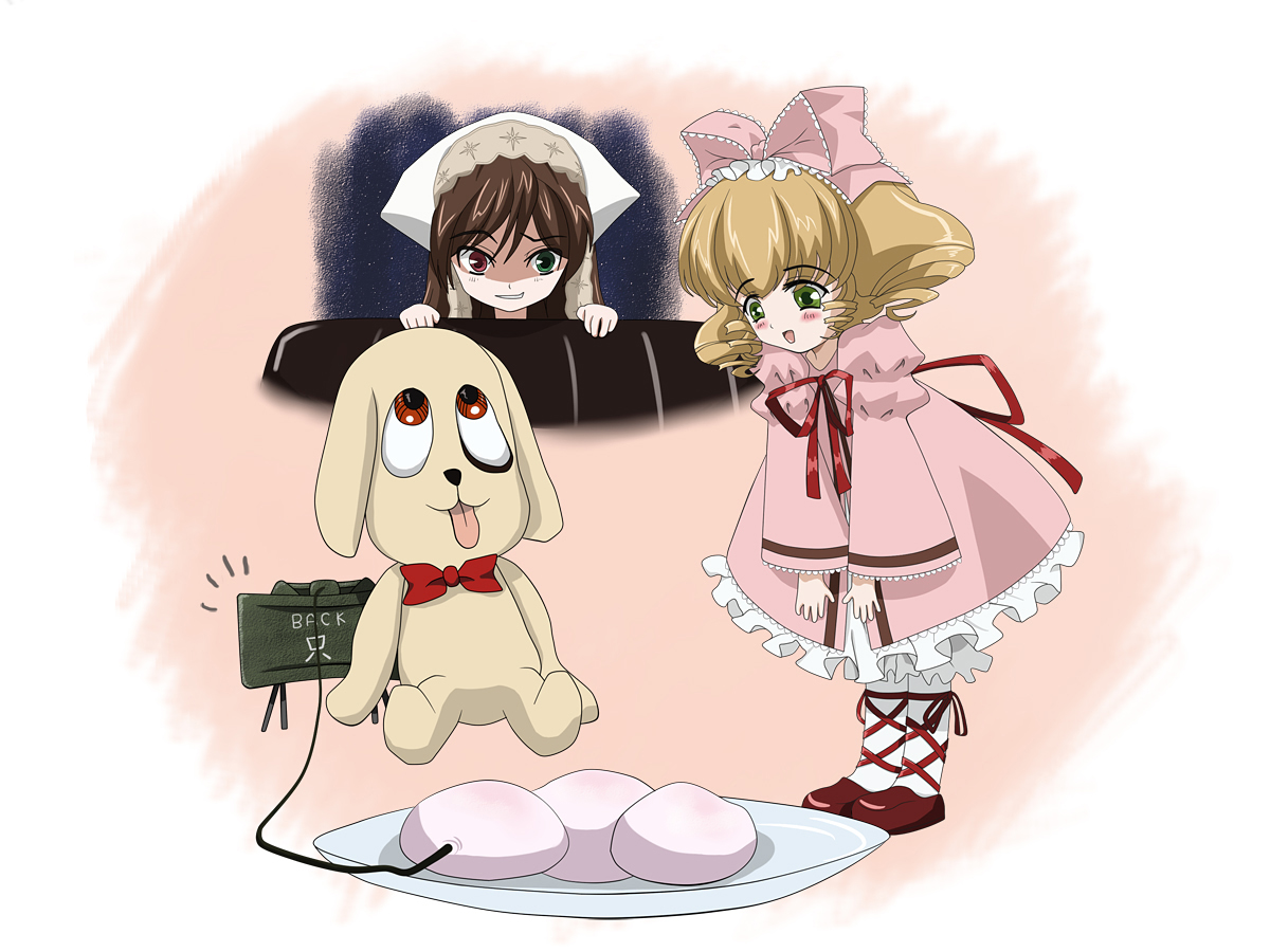 tenchou no matsumoto, hinaichigo, kunkun, suiseiseki, rozen maiden, bad id, bad pixiv id, 00s, 2girls, anti-personnel mine, anti-personnel weapon, blonde hair, bow, brown hair, doll, dress, explosive, failure, green eyes, hair bow, headpiece, headscarf, heterochromia, m18 claymore mine, mine (weapon), multiple girls, pink bow, plate, plush dog, tawny hair, white headscarf