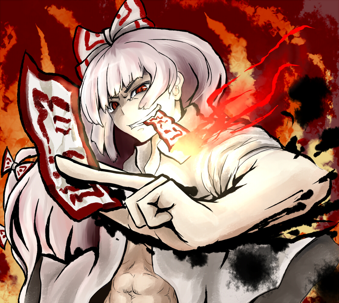 nekoarashi, yana (nekoarashi), fujiwara no mokou, touhou, 1girl, abs, bow, dress shirt, female focus, fire, grin, hair bow, hair ribbon, long hair, multiple hair bows, muscular, ofuda, open clothes, open shirt, red eyes, ribbon, shirt, slit pupils, smile, smirk, solo, white hair, white shirt