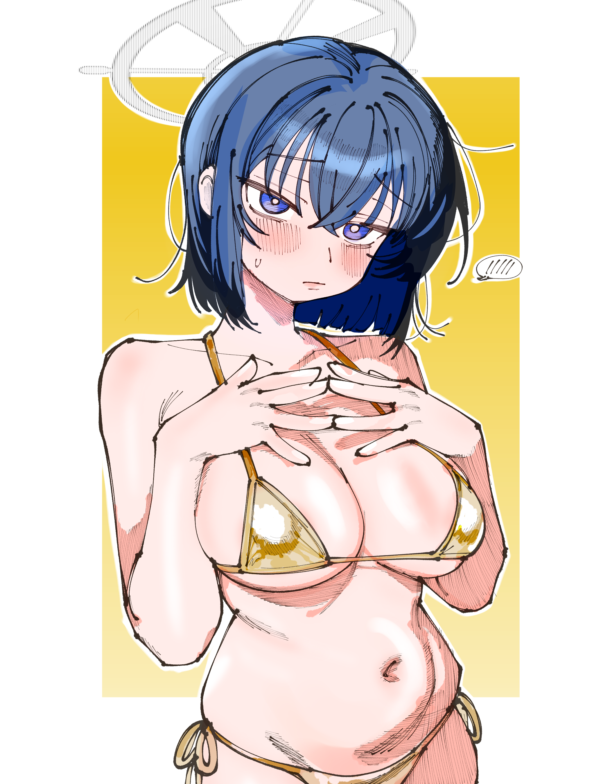 kani ka nanika, saki (blue archive), blue archive, absurdres, commentary request, highres, 1girl, bikini, blue eyes, blue hair, blush, breasts, cleavage, closed mouth, gold bikini, grey halo, halo, large breasts, navel, short hair, solo, speech bubble, spoken blush, string bikini, sweatdrop, swimsuit