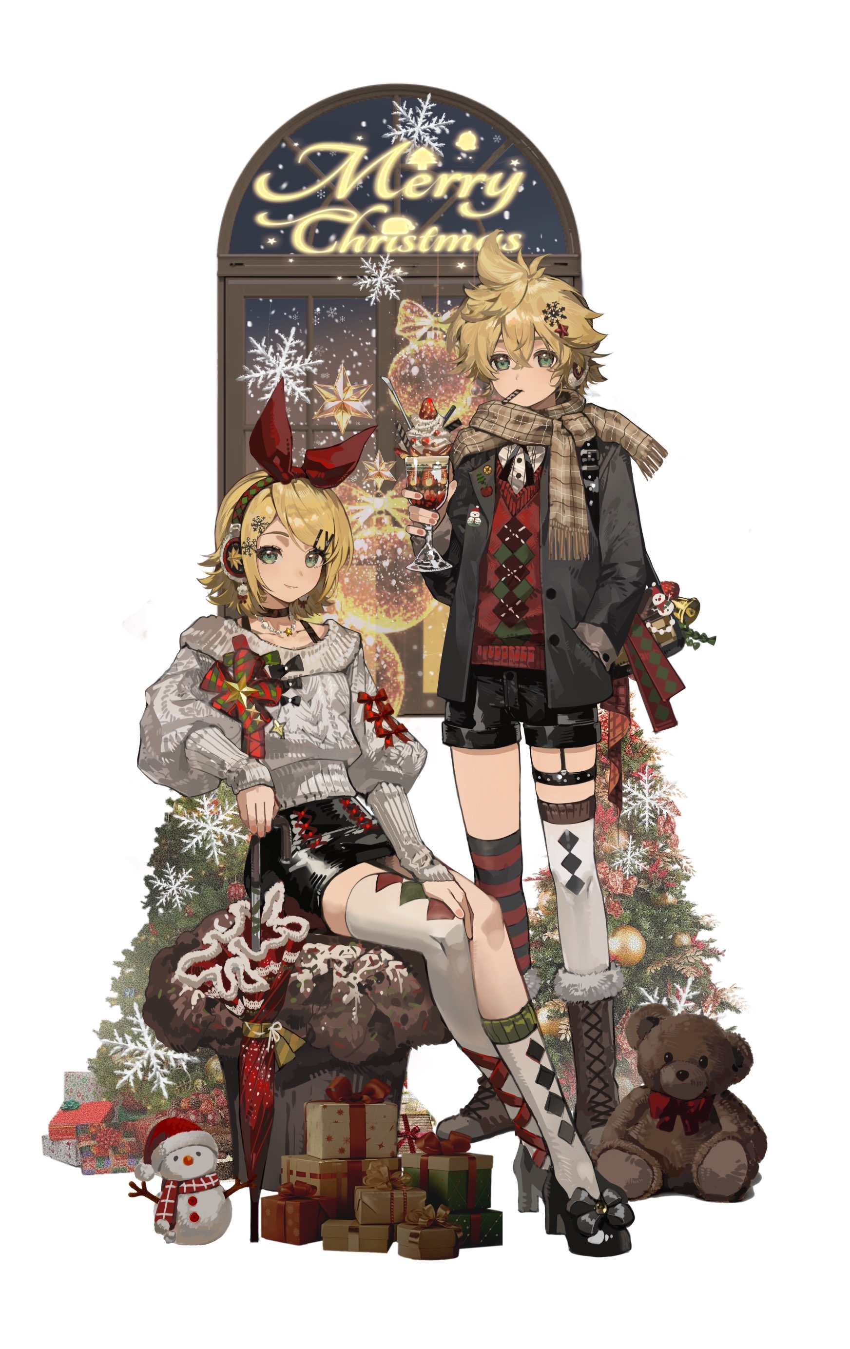 kelezi, kagamine len, kagamine rin, vocaloid, absurdres, commentary, highres, 1boy, 1girl, asymmetrical legwear, black choker, black jacket, black shoes, black shorts, black skirt, blonde hair, boots, bow, box, brother and sister, brown boots, brown scarf, choker, christmas tree, cup, food, fruit, fur-trimmed boots, fur trim, gift, gift box, green eyes, grey sweater, hair bow, hair ornament, hairclip, hand in pocket, hand on own knee, headphones, hexagram, ice cream, jacket, lace-up boots, looking at viewer, mismatched legwear, mouth hold, open clothes, open jacket, over-kneehighs, plaid clothes, plaid scarf, planted, planted umbrella, red bow, red sweater, scarf, shoes, short hair, shorts, siblings, skirt, snowflake hair ornament, snowflakes, snowman, socks, strawberry, stuffed animal, stuffed toy, sundae, sweater, teddy bear, thighhighs, umbrella, uneven legwear, window