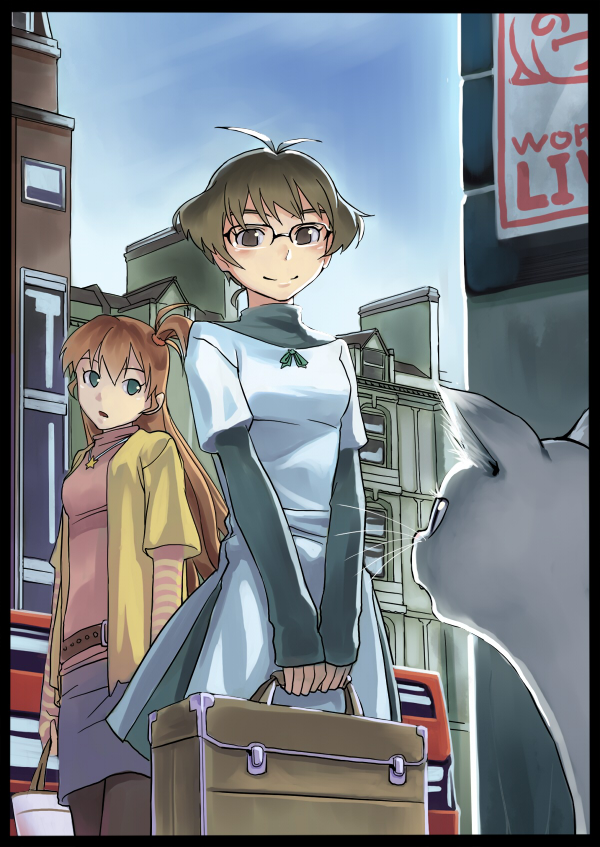 inu (aerodog), akizuki ryo, nonowa, sakurai yumeko, idolmaster, idolmaster dearly stars, 00s, 1boy, 1girl, antenna hair, bag, belt, blush, brown eyes, brown hair, cat, crossdressing, glasses, green eyes, long hair, outdoors, short hair, skirt, sky, smile, suitcase, trap